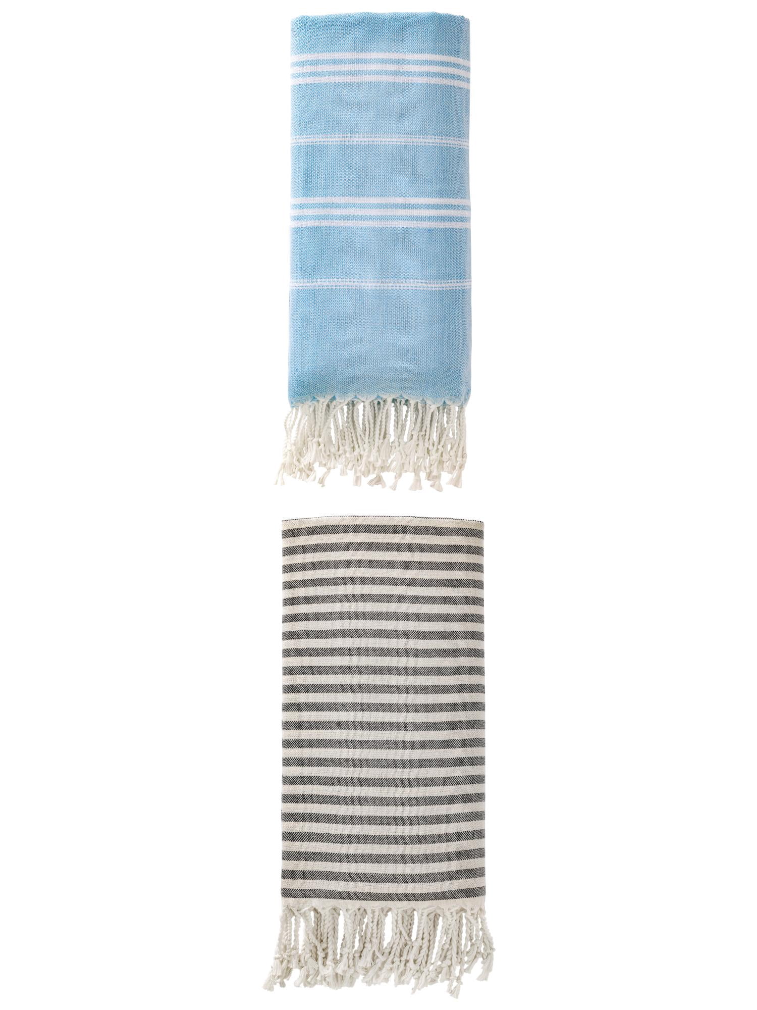 Unique Bargains 2 Pack Sand-Resistant Turkish Towel Black/Light Blue 71"x40"/71"x35"