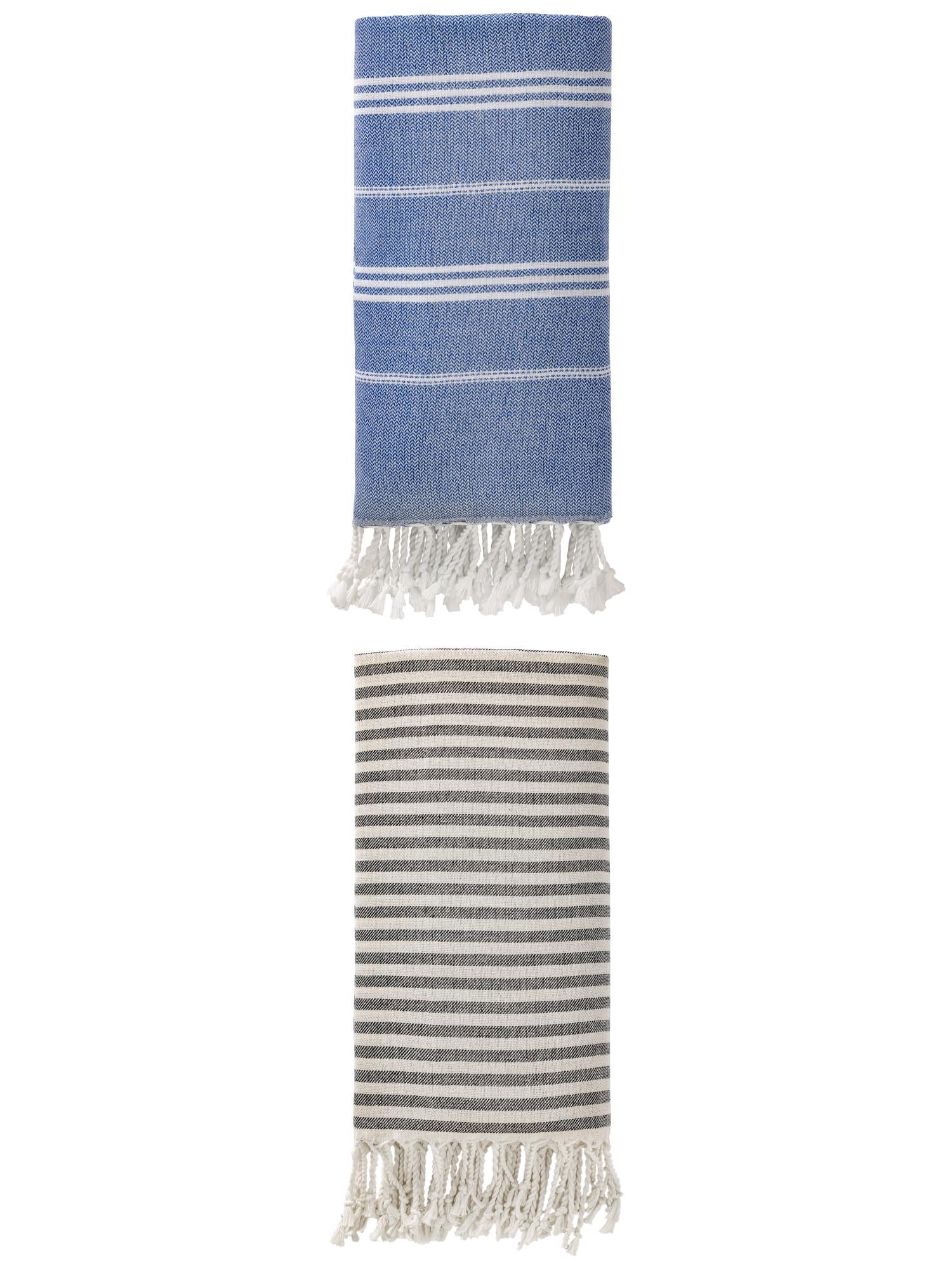 Unique Bargains 2 Pack Sand-Resistant Turkish Towel Black/Royal Blue 71"x40"/71"x35"