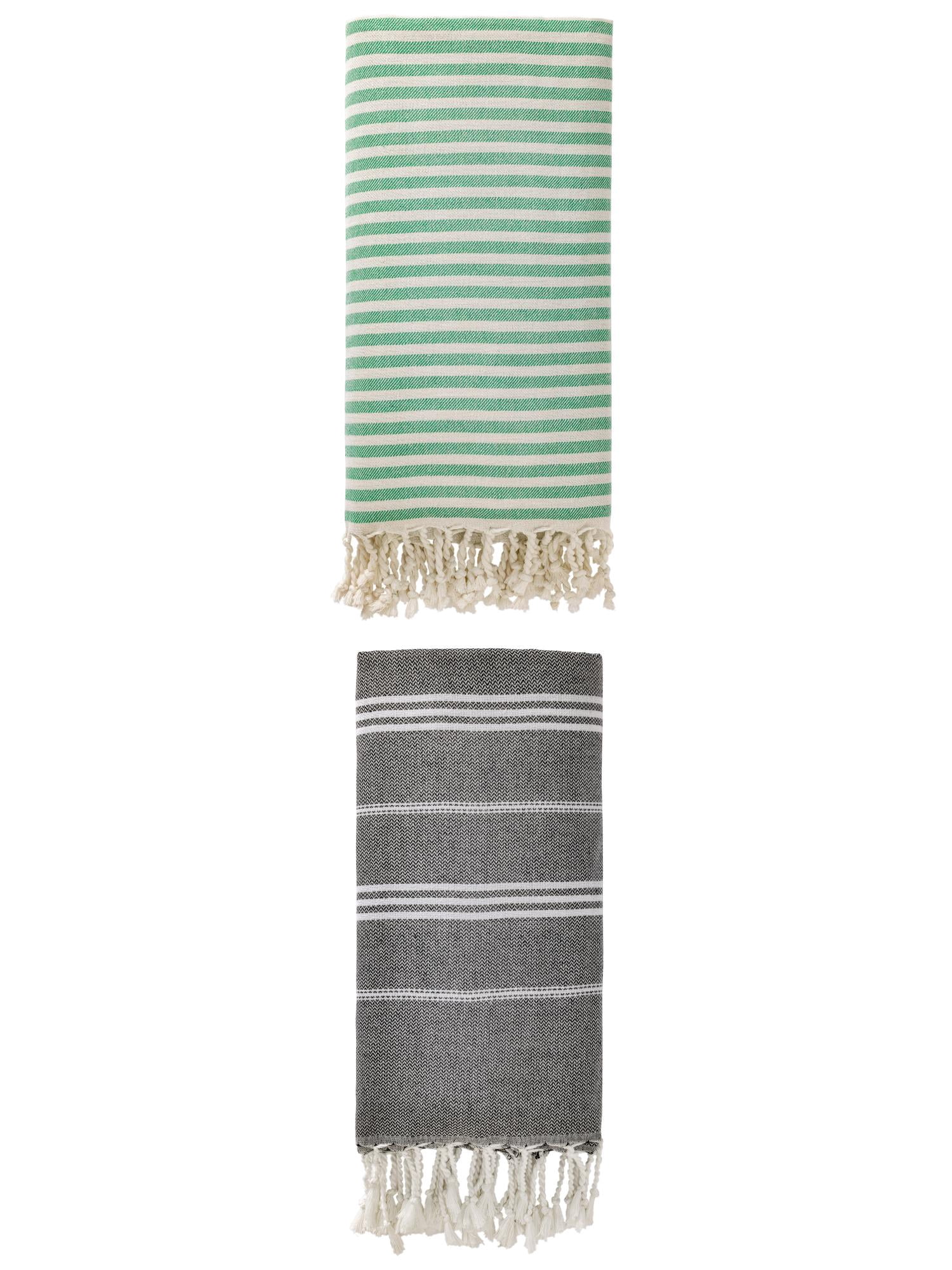 Unique Bargains 2 Pack Sand-Resistant Turkish Towels Green/Black 71"x40"/71"x35"