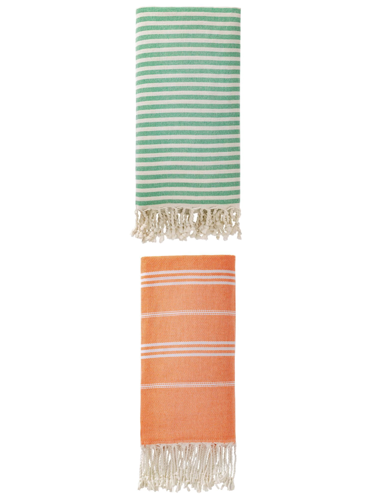 Unique Bargains 2 Pack Sand-Resistant Turkish Towels Green/Orange 71"x40"/71"x35"