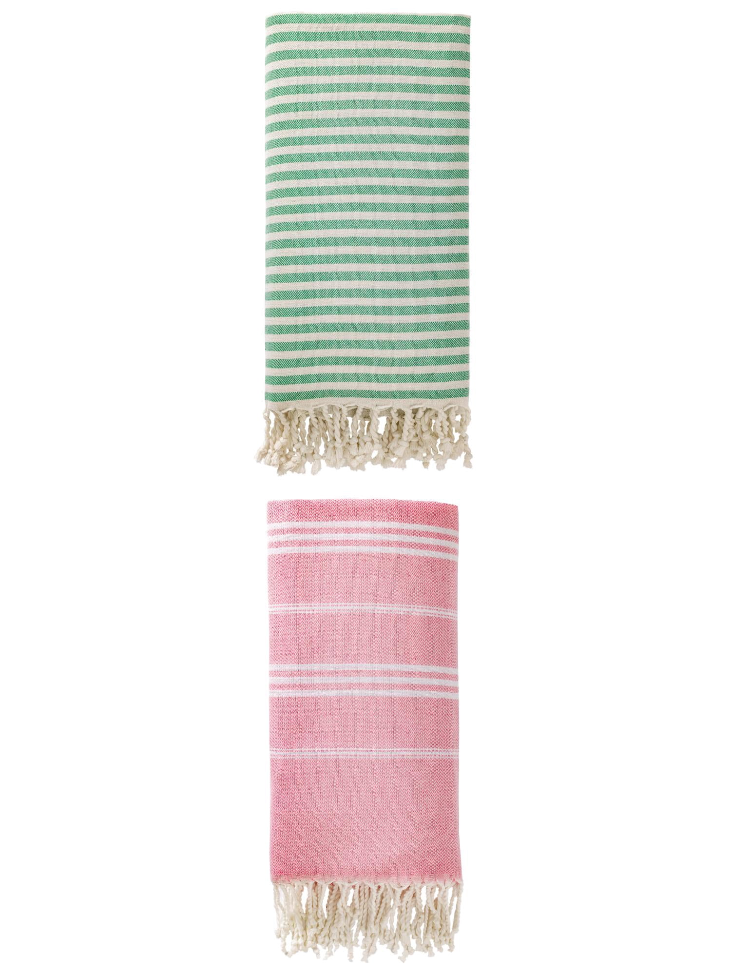 Unique Bargains 2 Pack Sand-Resistant Turkish Towels Green/Pink 71"x40"/71"x35"