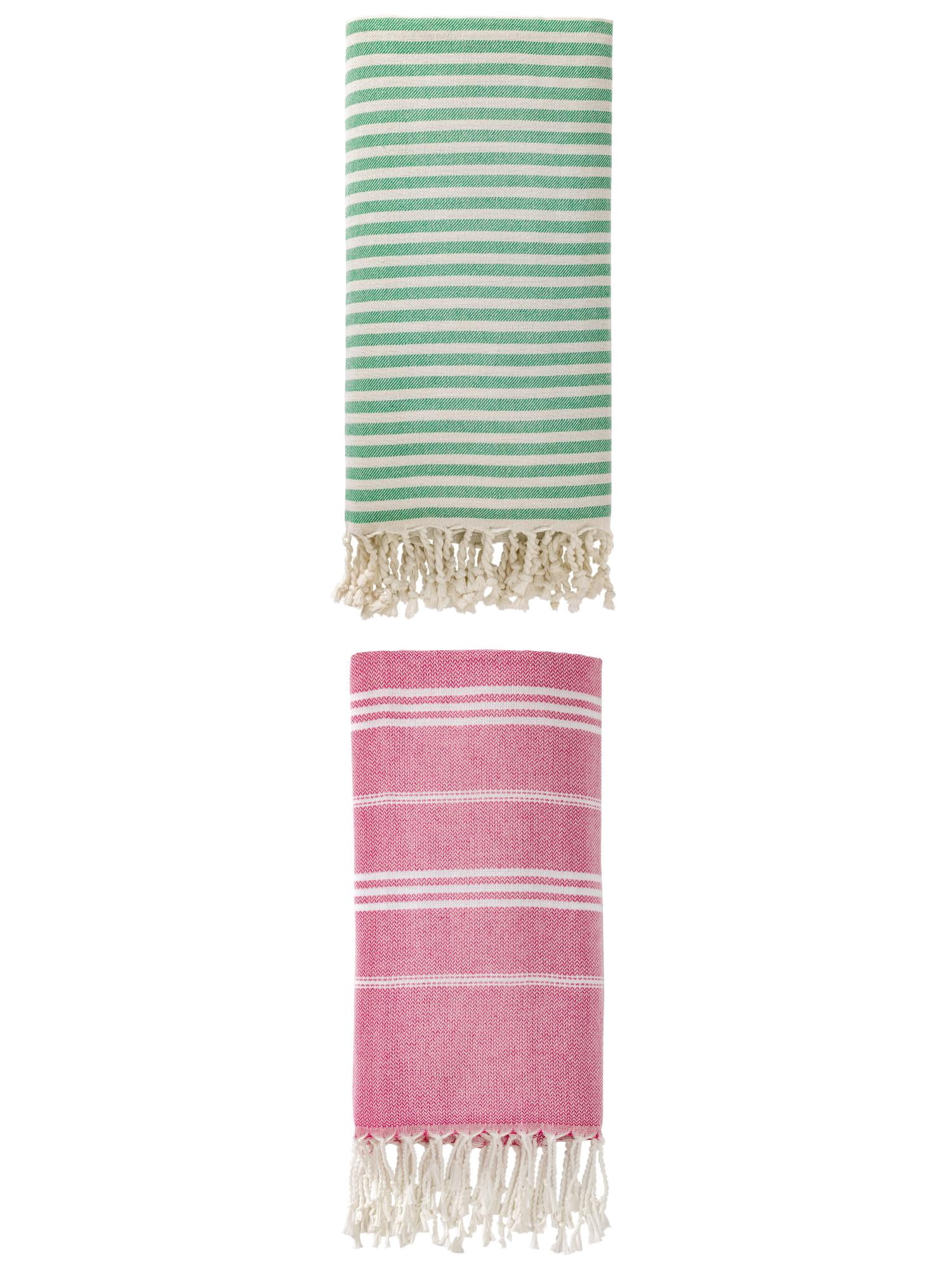 Unique Bargains 2 Pack Sand-Resistant Turkish Towels Green/Rose Red 71"x40"/71"x35"