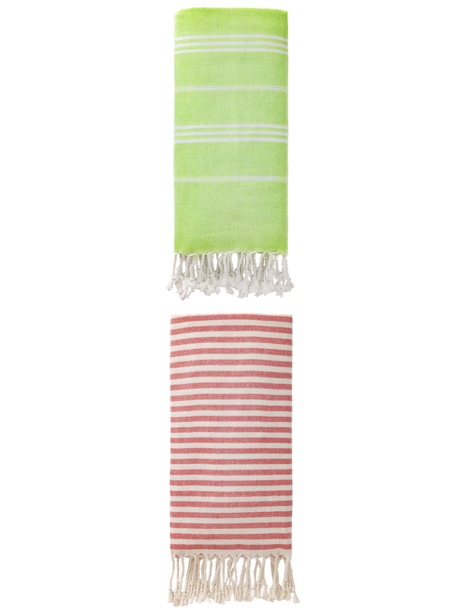 Unique Bargains 2-Pack Sandproof Lightweight Turkish Towel Red/Light Green 71"x40"/71"x35"