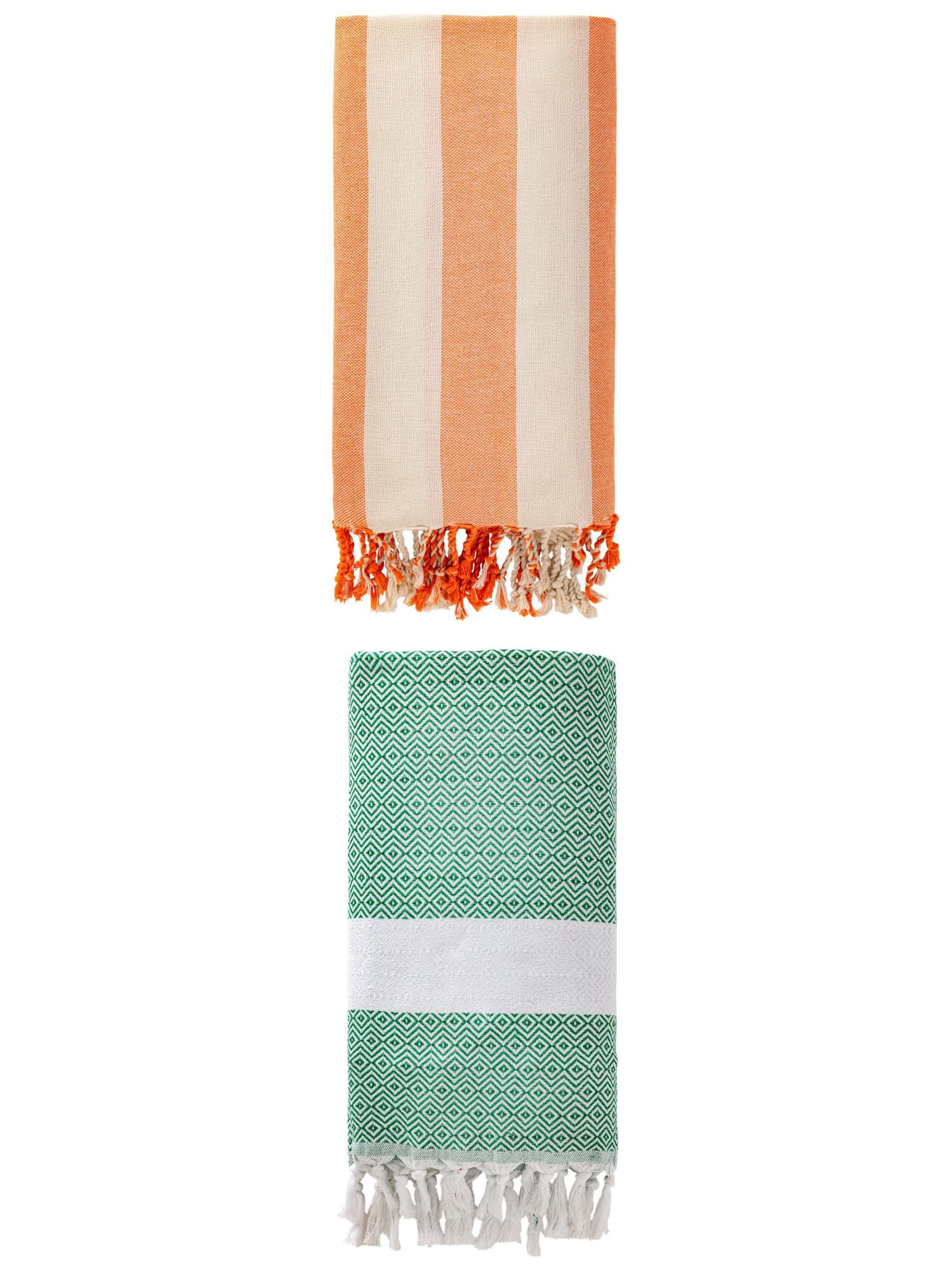 Unique Bargains 2 Pack Sandproof Quick Dry Turkish Beach Towel Dark Green/Orange 71" x 40"