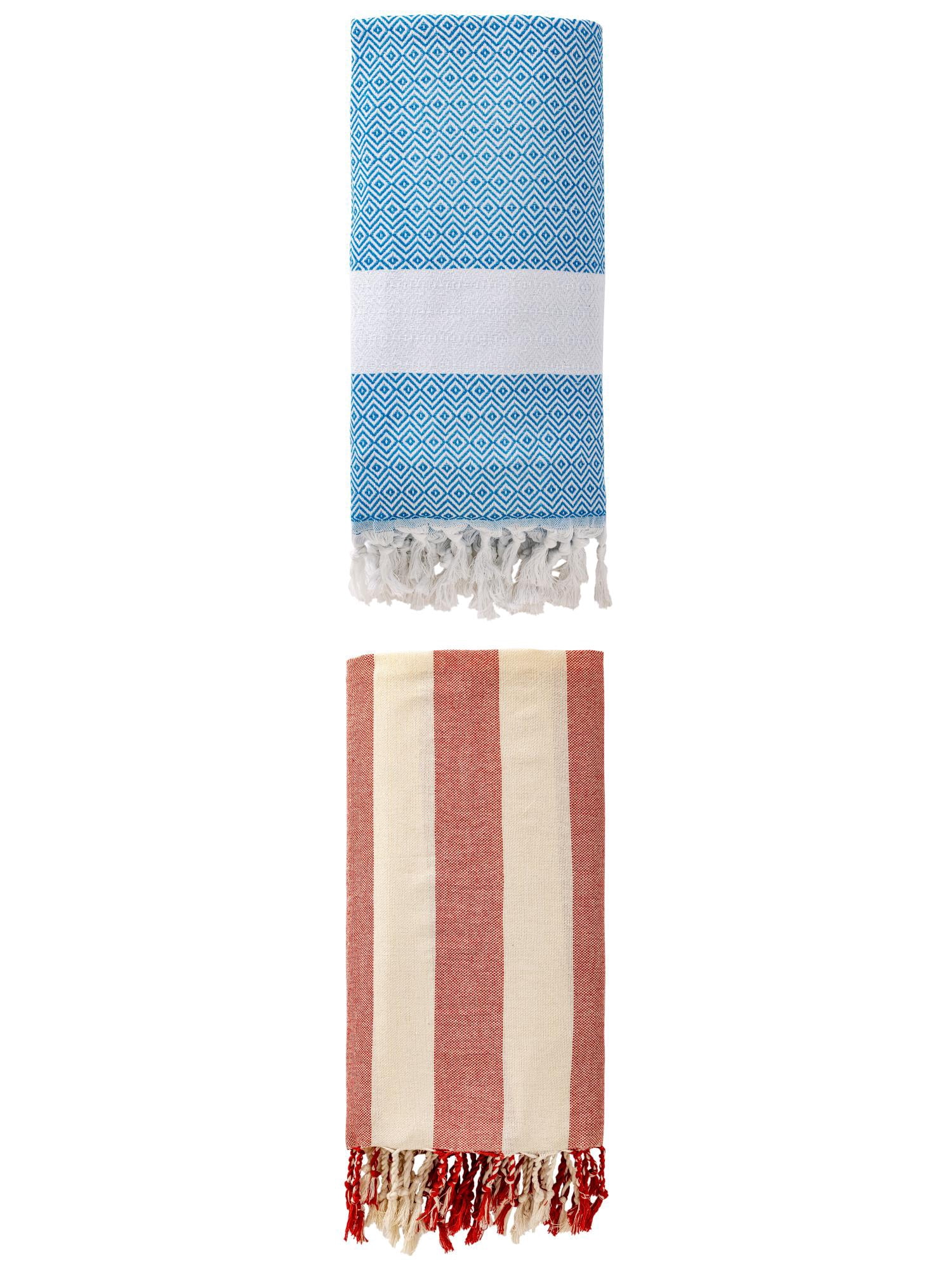 Unique Bargains 2 Pack Sandproof Quick Dry Turkish Beach Towel Sky Blue/Red 71" x 40"