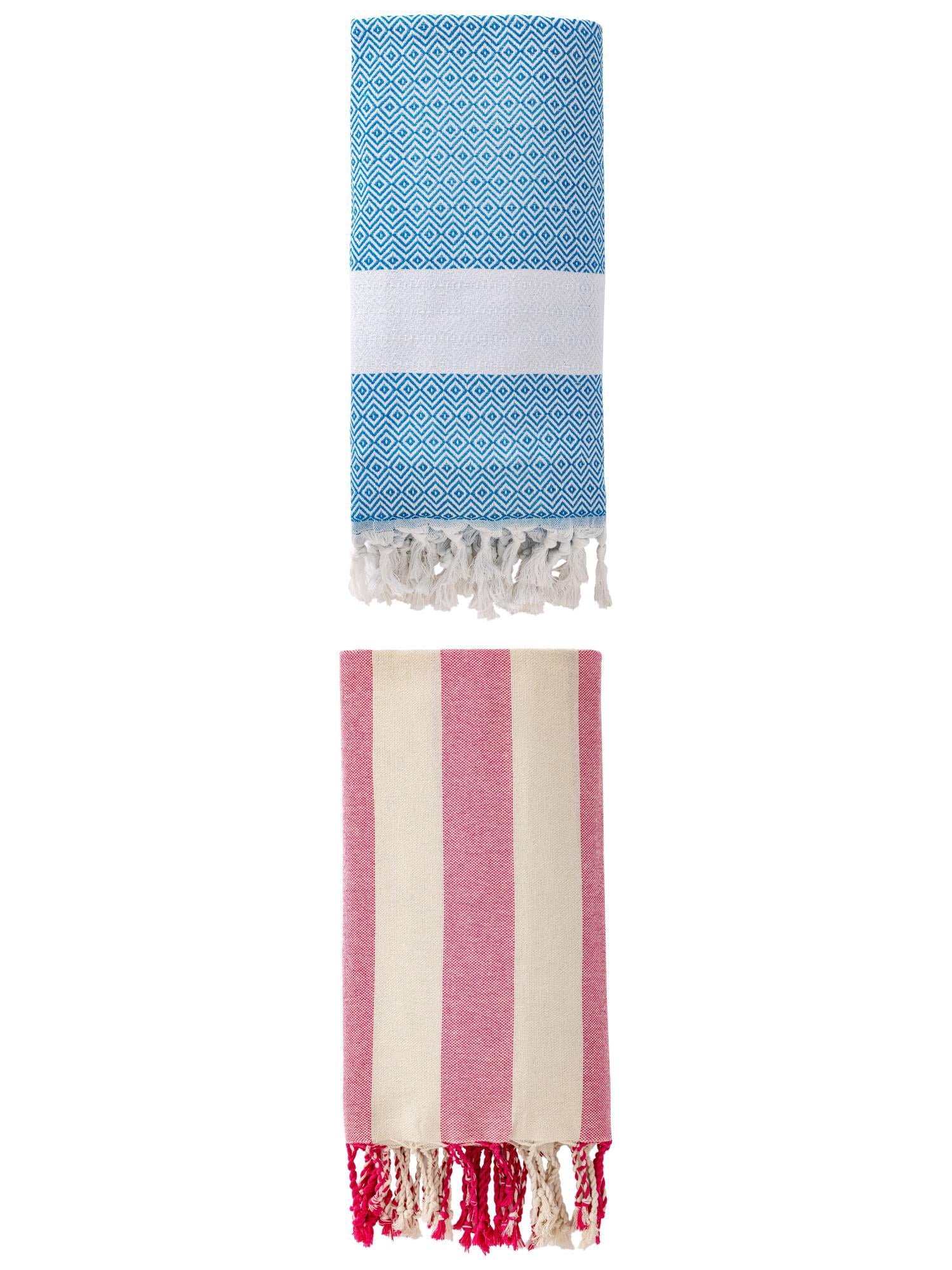 Unique Bargains 2 Pack Sandproof Quick Dry Turkish Beach Towel Sky Blue/Rose Red 71" x 40"