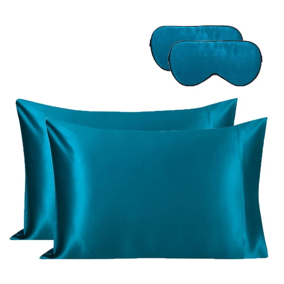 Unique Bargains 2-Pack Silk Pillowcase Eye Cover Set Peacock Blue King