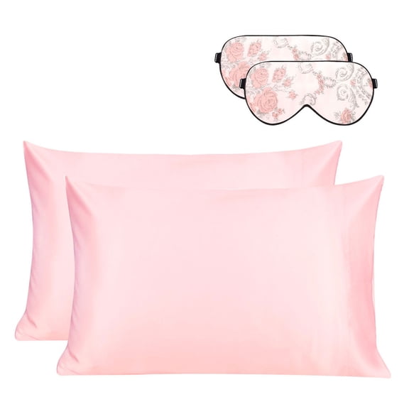 Unique Bargains 2-Pack Silk Pillowcase Eye Cover Set Pink Floral Standard