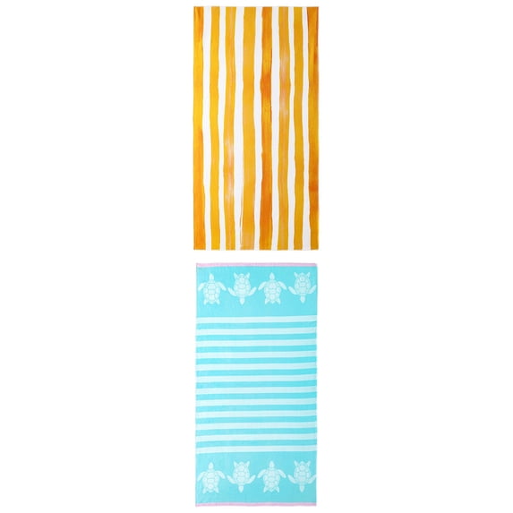 Unique Bargains 2 Pack Soft Absorbent Beach Towel Yellow/Mint Green 63" x 31"/55" x 28"