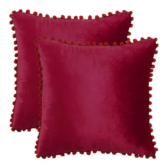 Unique Bargains 2-Pack Soft Velvet Pompoms Throw Pillow Covers 18" x 18" Burgundy