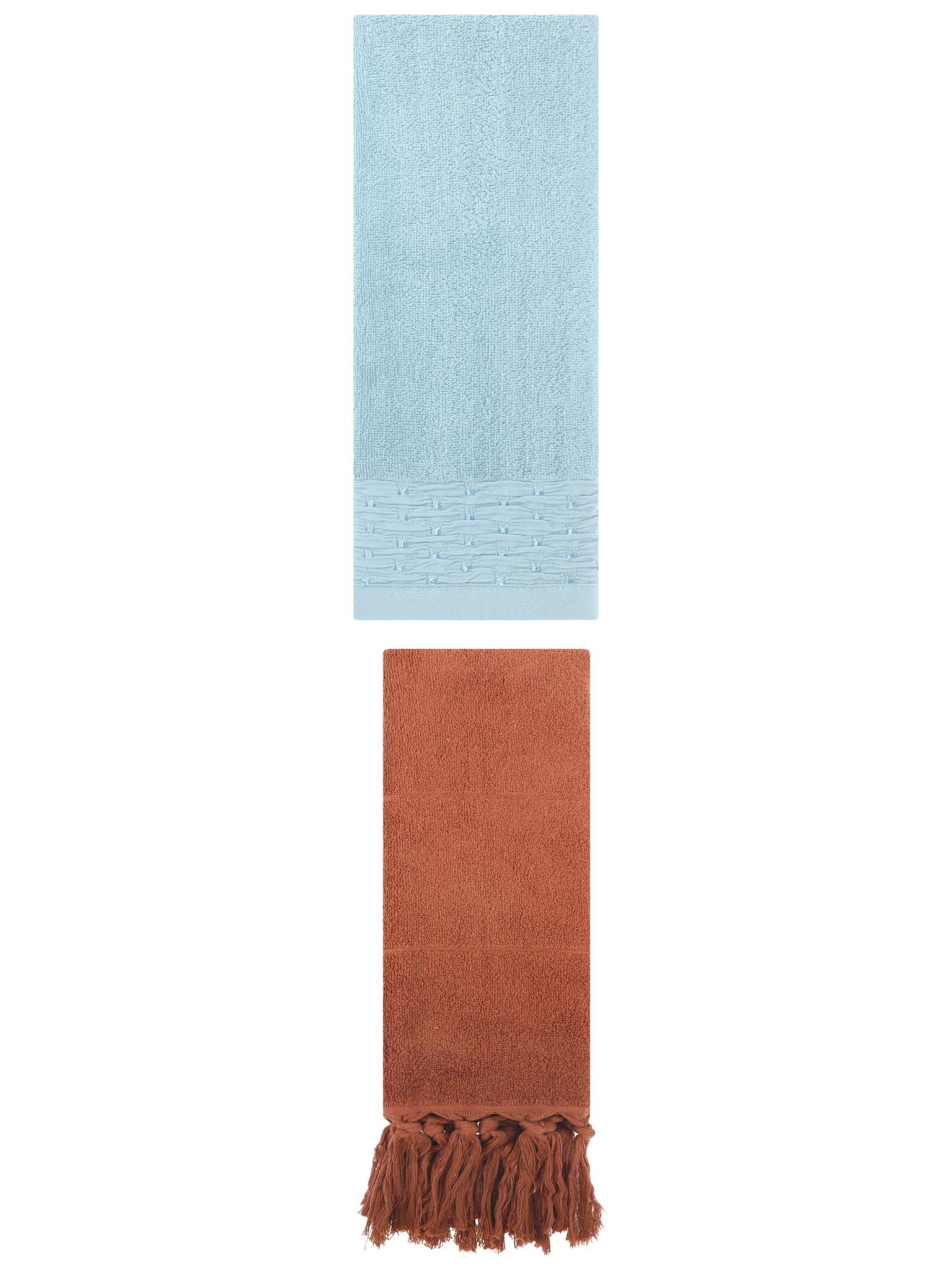 Unique Bargains 2 Pack Solid Cotton Bathroom Hand Towel 14"x30" Brown/Blue