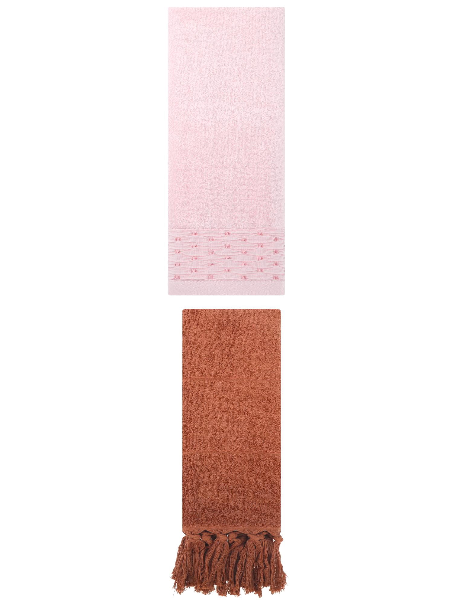 Unique Bargains 2 Pack Solid Cotton Bathroom Hand Towel 14"x30" Brown/Pink