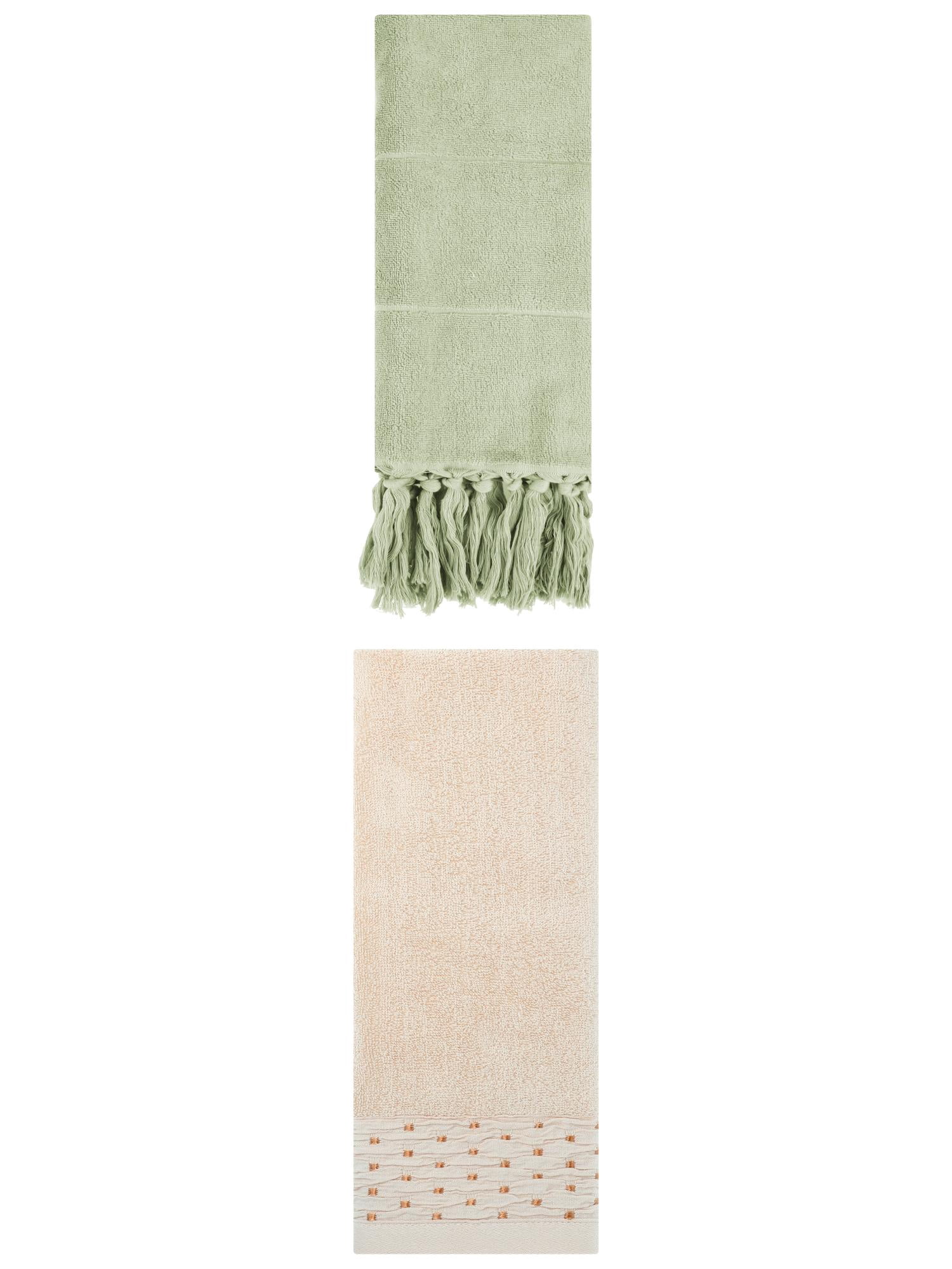 Unique Bargains 2 Pack Solid Cotton Bathroom Hand Towel 14"x30" Green/Light Brown