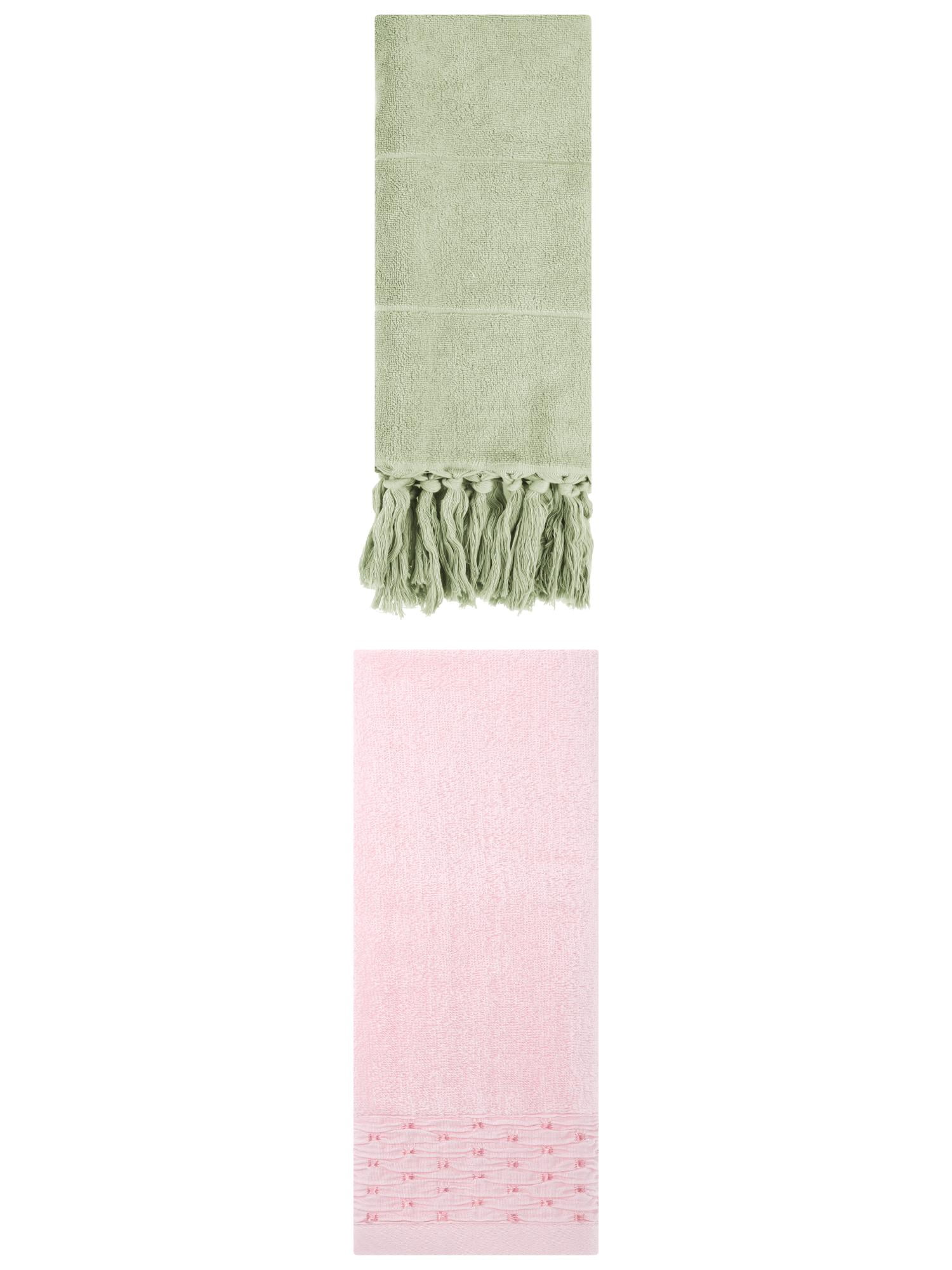 Unique Bargains 2 Pack Solid Cotton Bathroom Hand Towel 14"x30" Green/Pink