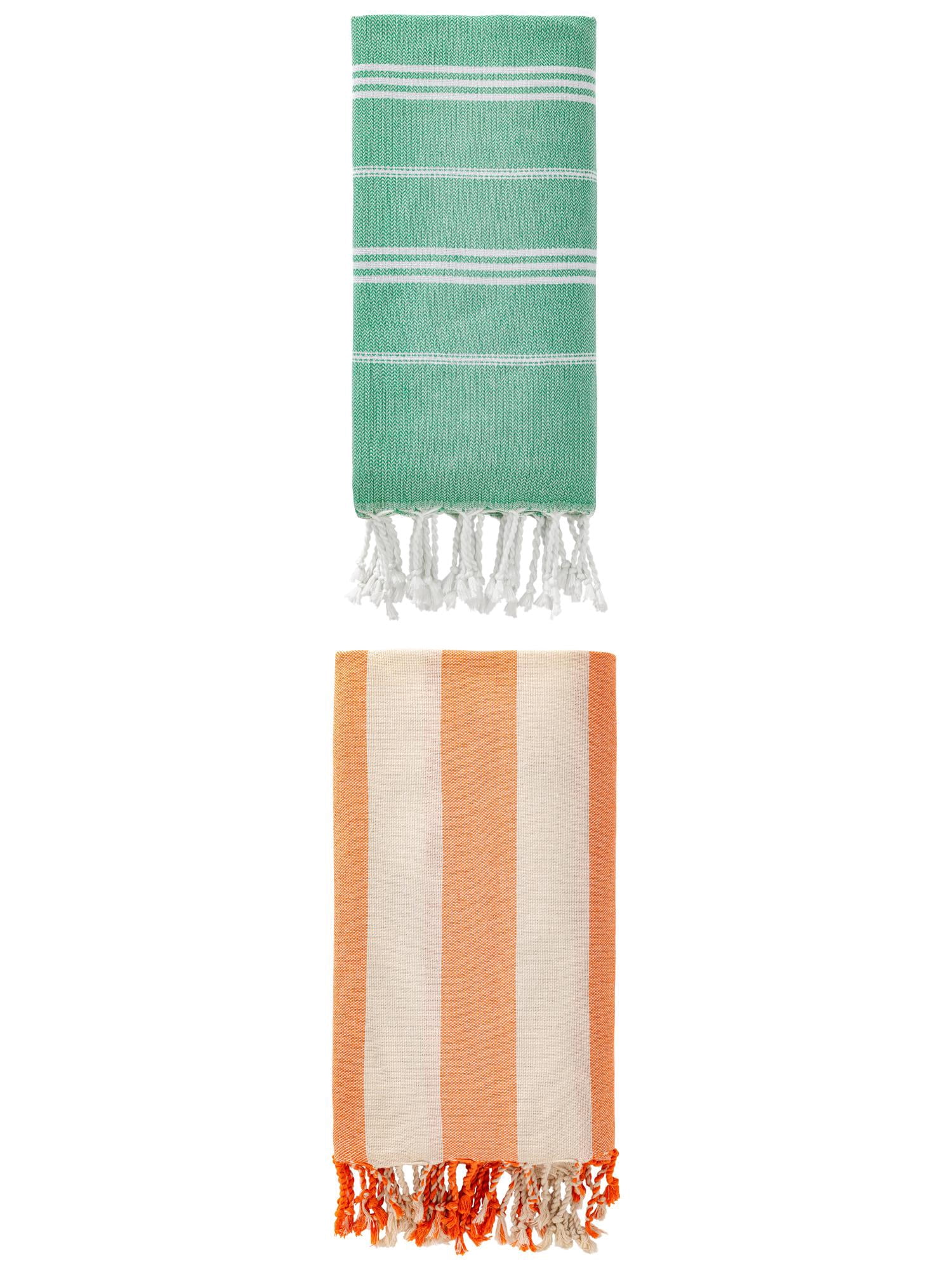Unique Bargains 2 Pack Stripe Turkish Anti-Sand Beach Towel Green/Orange 71"x 35"/71"x 40"