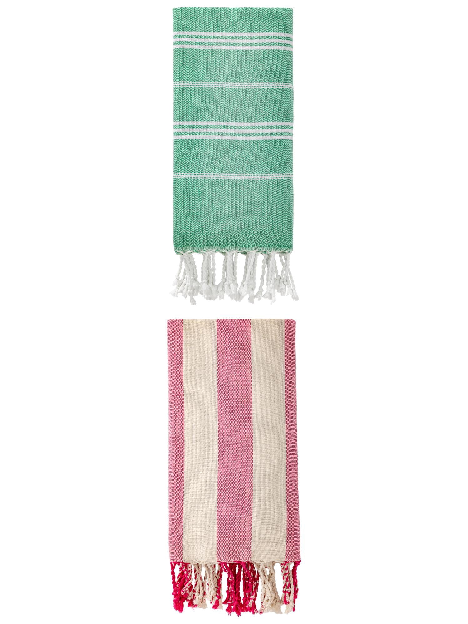 Unique Bargains 2 Pack Stripe Turkish Anti-Sand Beach Towel Green/Rose Red 71"x35"/71"x40"