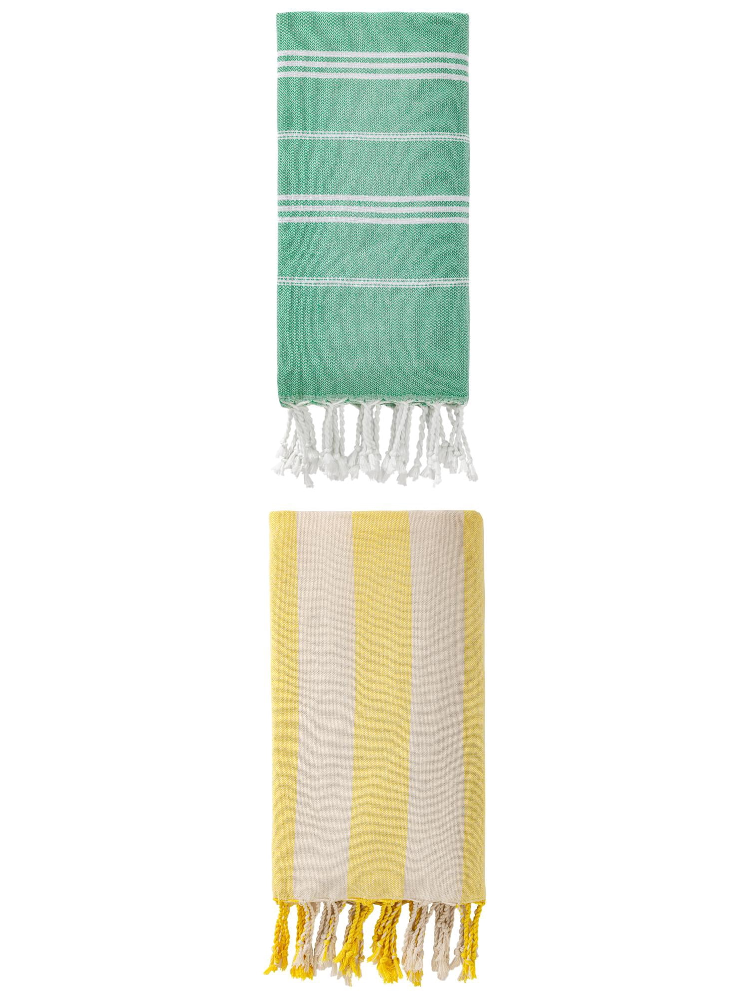 Unique Bargains 2 Pack Stripe Turkish Anti-Sand Beach Towel Green/Yellow 71"x 35"/71"x 40"