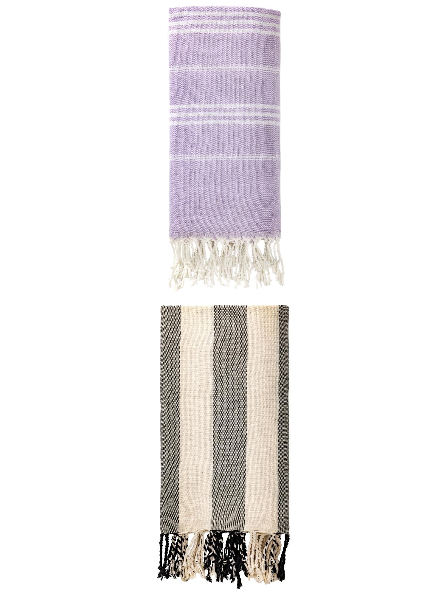 Unique Bargains 2 Pack Stripe Turkish Anti-Sand Beach Towel Purple/Black 71"x 35"/71"x 40"