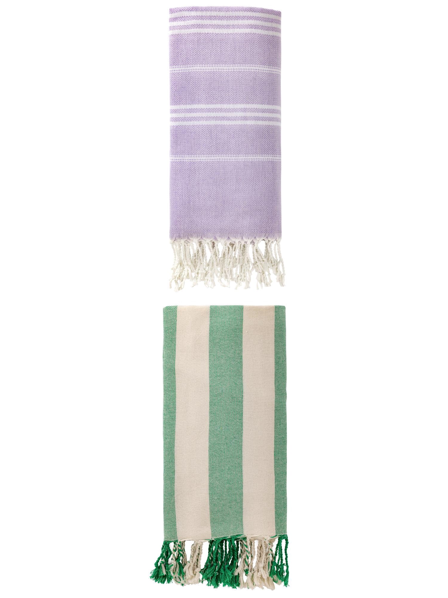 Unique Bargains 2 Pack Stripe Turkish Anti-Sand Beach Towel Purple/Green 71"x 35"/71"x 40"