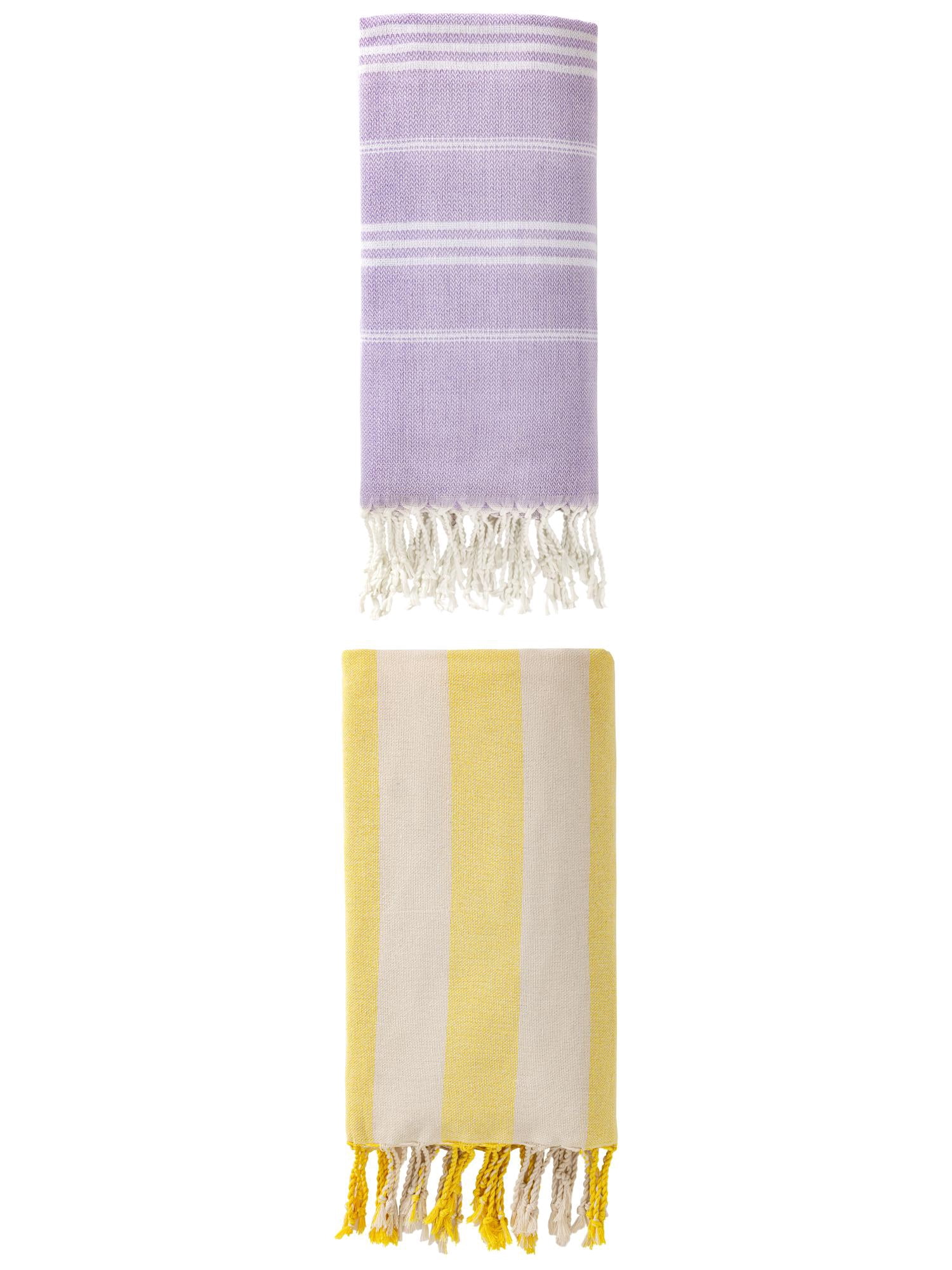 Unique Bargains 2 Pack Stripe Turkish Anti-Sand Beach Towel Purple/Yellow 71"x35"/71"x 40"