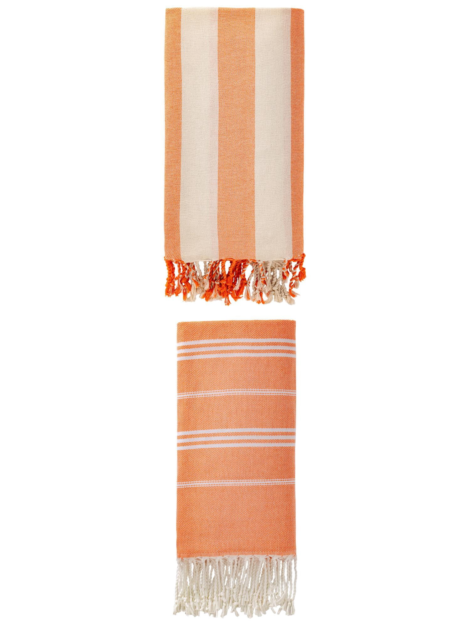 Unique Bargains 2 Pack Stripe Turkish Beach Quick Dry Towel Orange 71" x 35"/71" x 40"