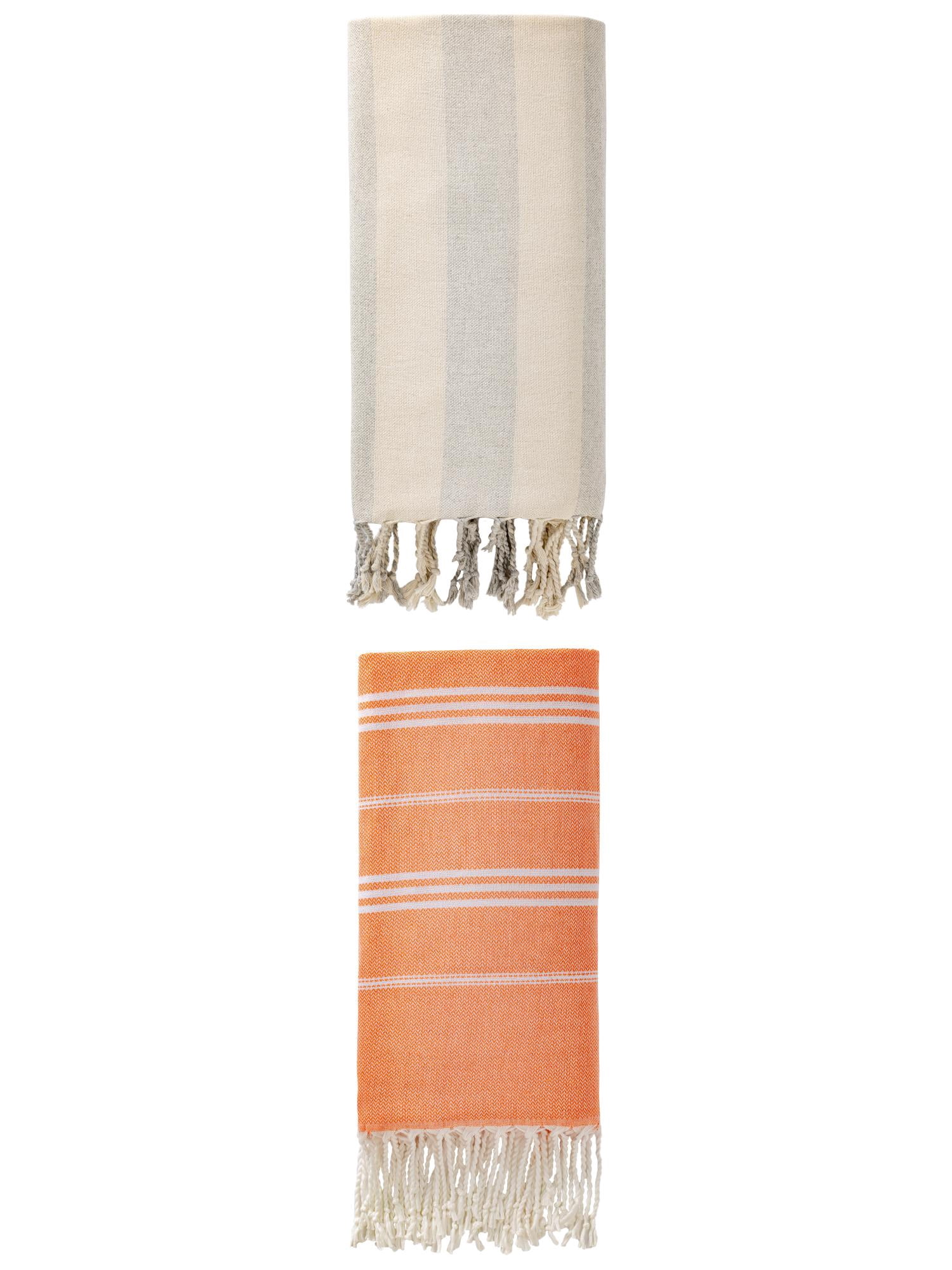 Unique Bargains 2 Pack Stripe Turkish Beach Quick Dry Towel Orange/Grey 71" x 35"/71"x 40"