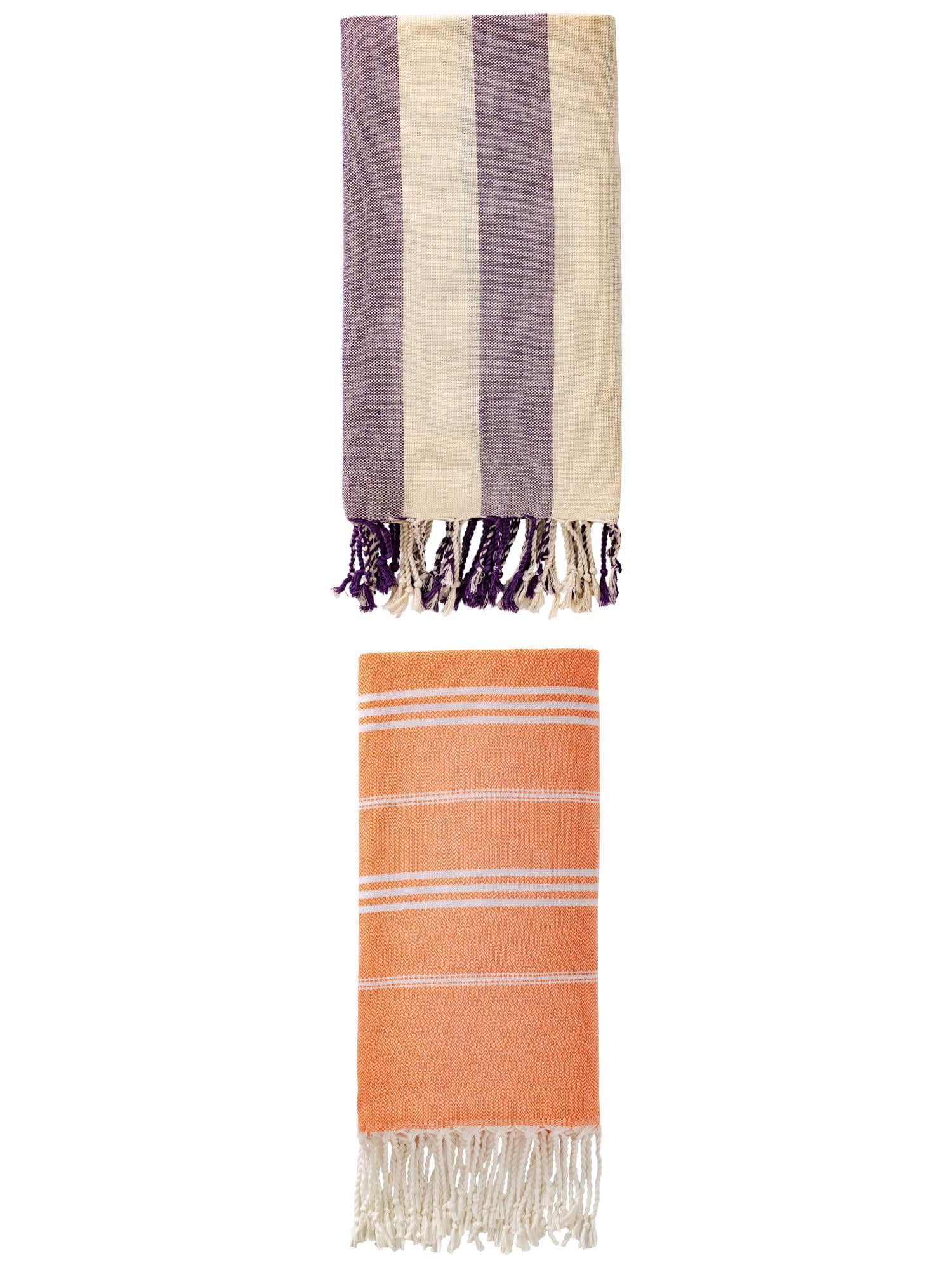 Unique Bargains 2 Pack Stripe Turkish Beach Quick Dry Towel Orange/Purple 71"x35"/71"x 40"