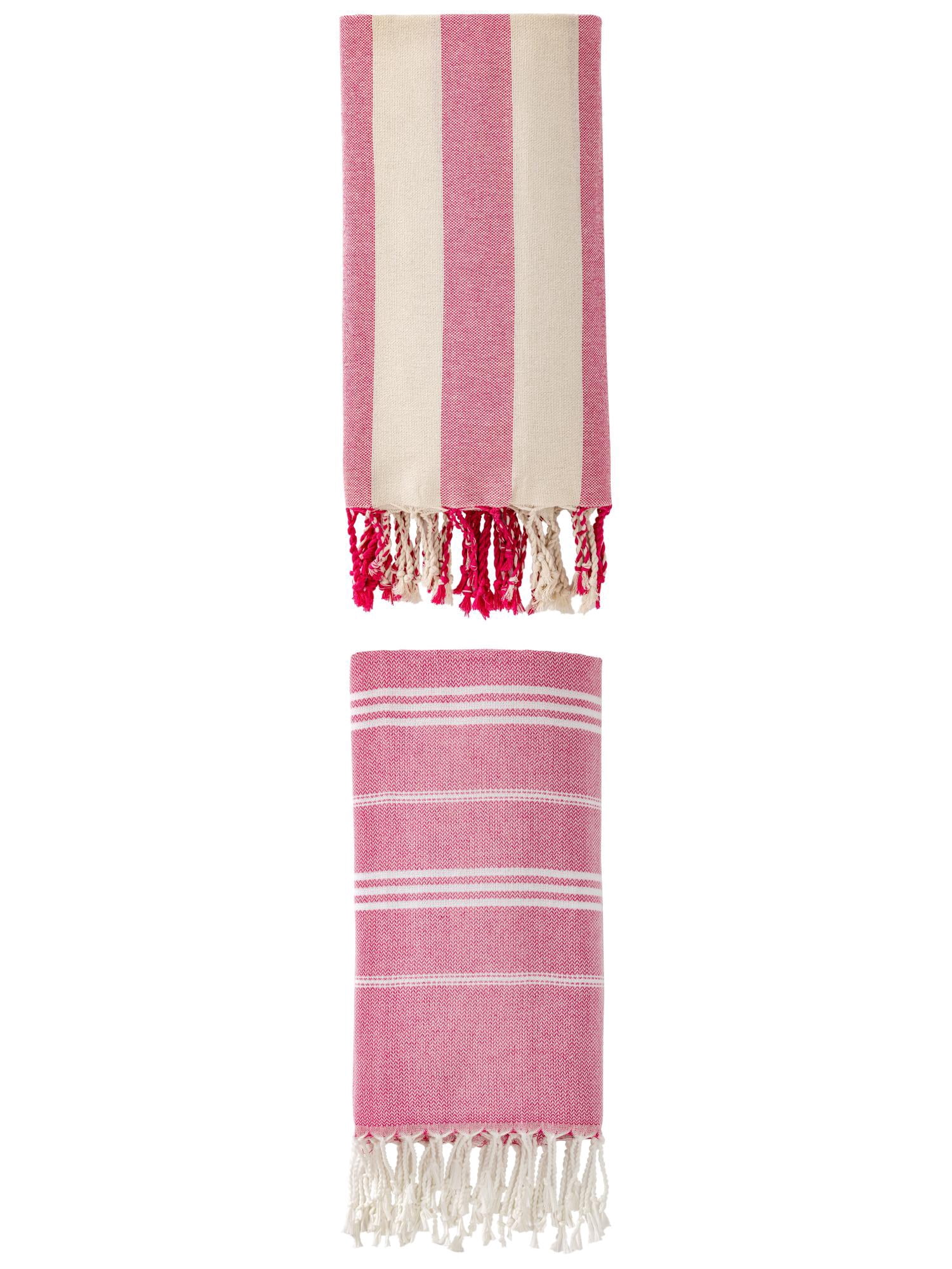 Unique Bargains 2 Pack Stripe Turkish Beach Quick Dry Towel Rose Red 71" x 35"/71" x 40"