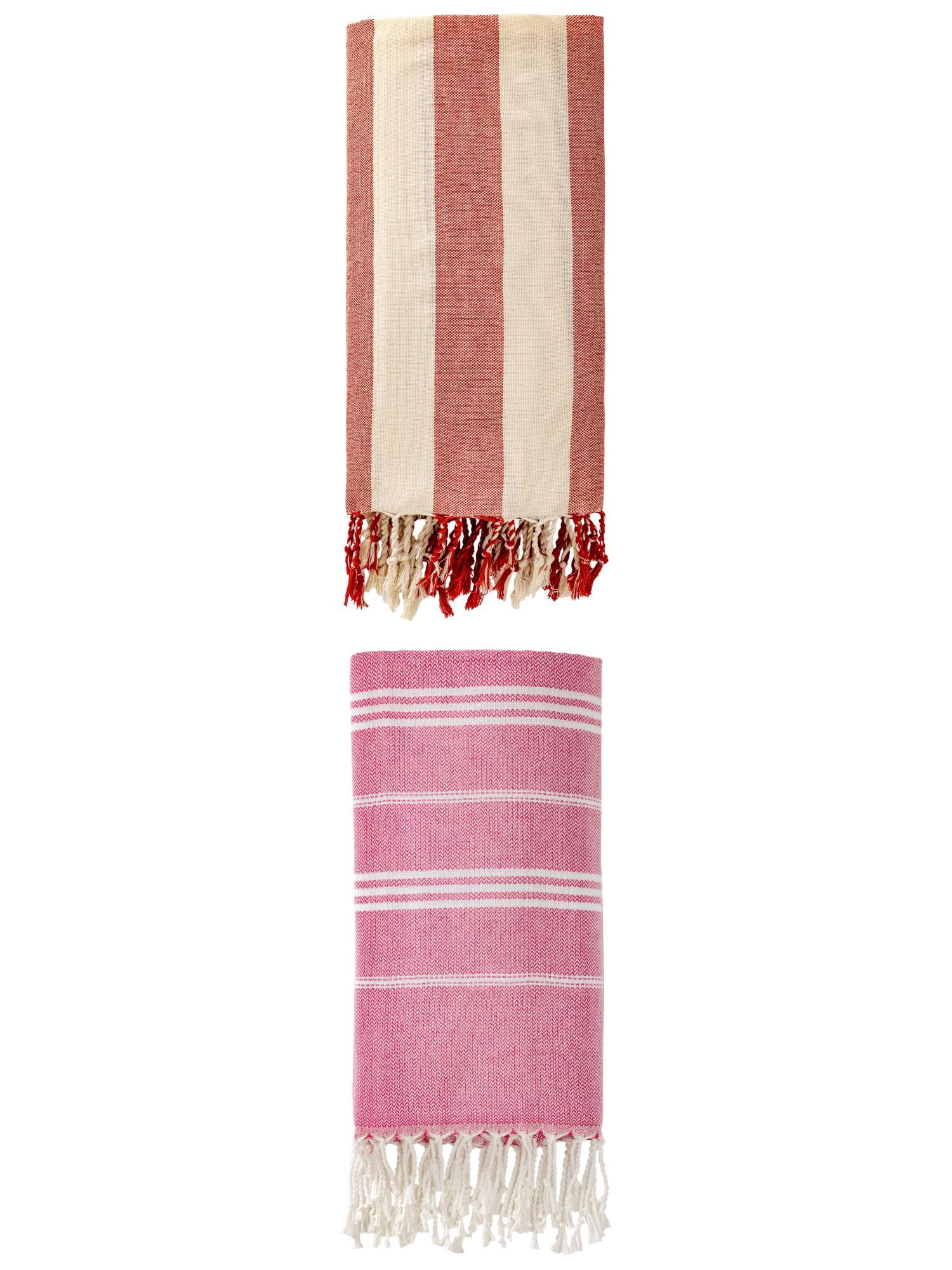 Unique Bargains 2 Pack Stripe Turkish Beach Quick Dry Towel Rose Red/Red 71"x 35"/71"x 40"