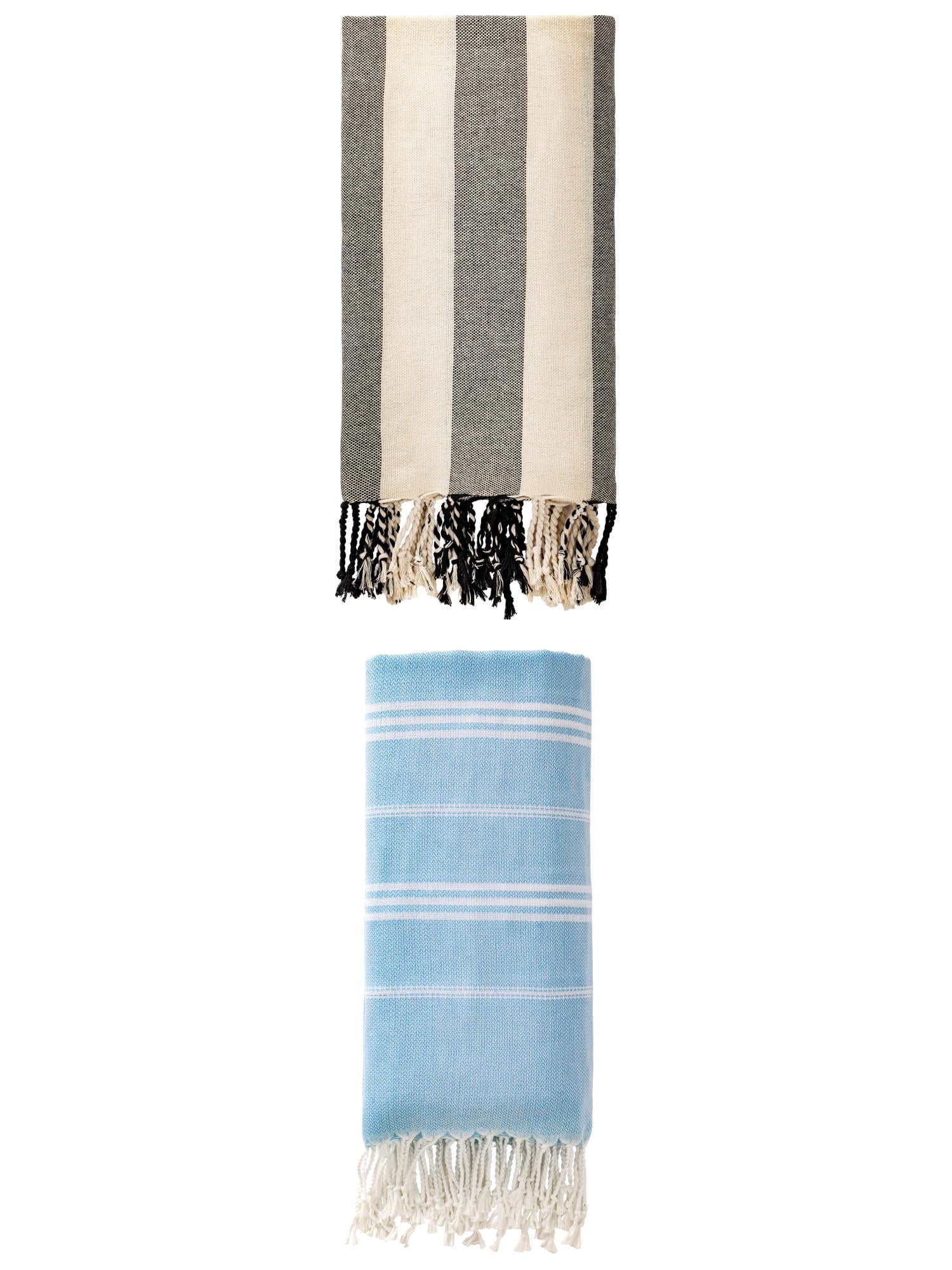 Unique Bargains 2 Pack Stripe Turkish Beach Towel Light Blue/Black 71" x 35"/71" x 40"