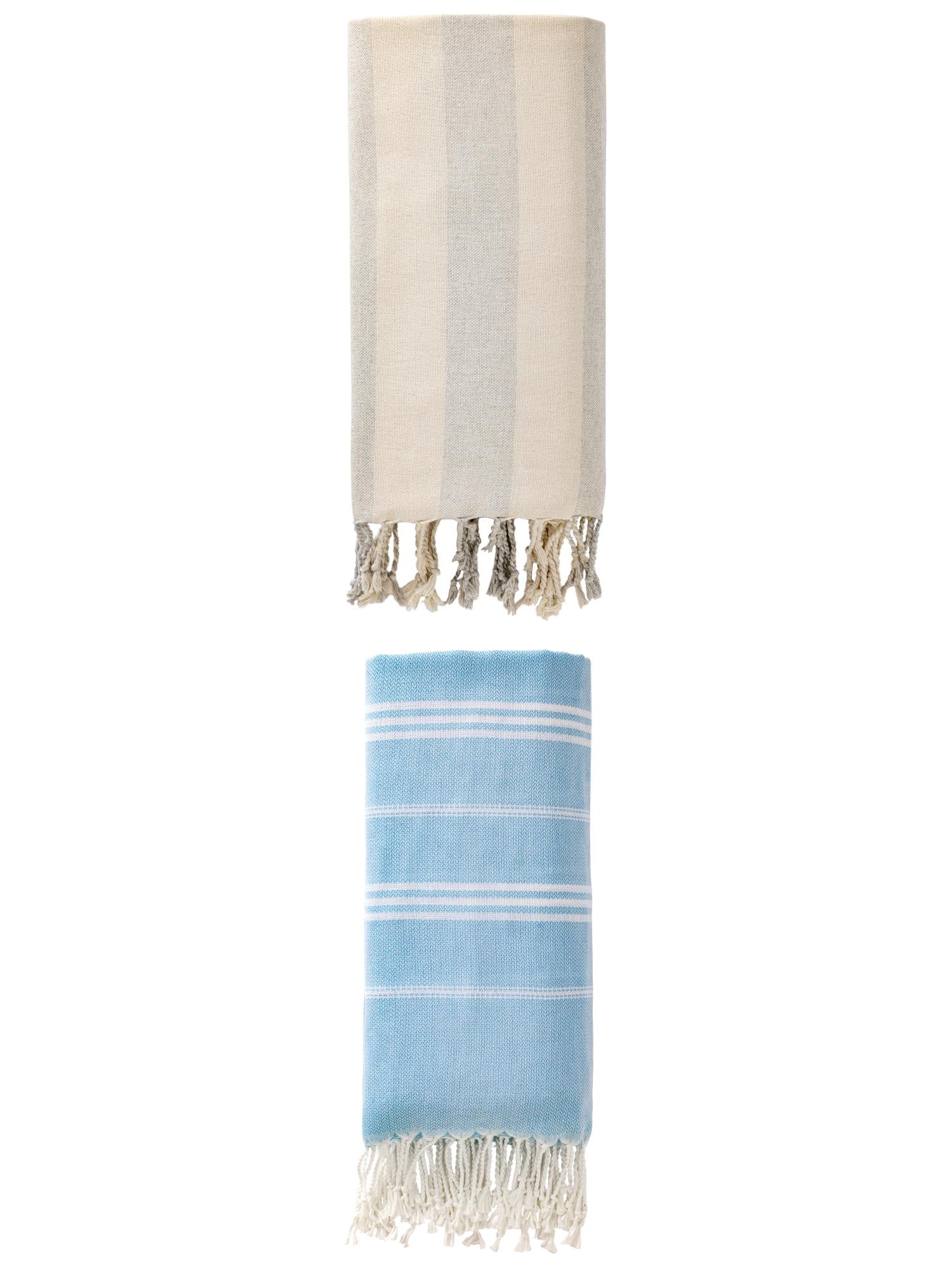 Unique Bargains 2 Pack Stripe Turkish Beach Towel Light Blue/Grey 71" x 35"/71" x 40"