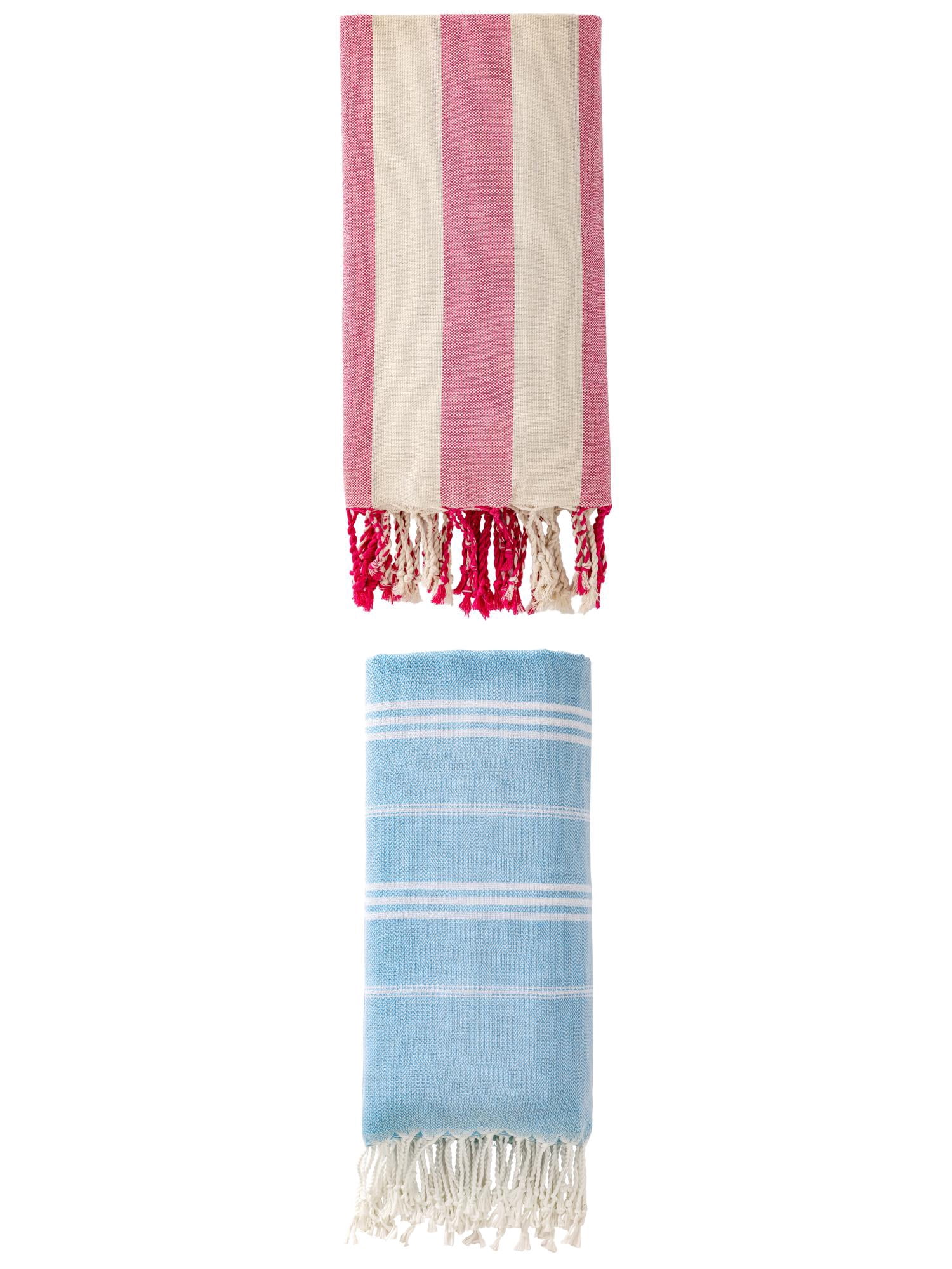 Unique Bargains 2 Pack Stripe Turkish Beach Towel Light Blue/Rose Red 71" x 35"/71" x 40"