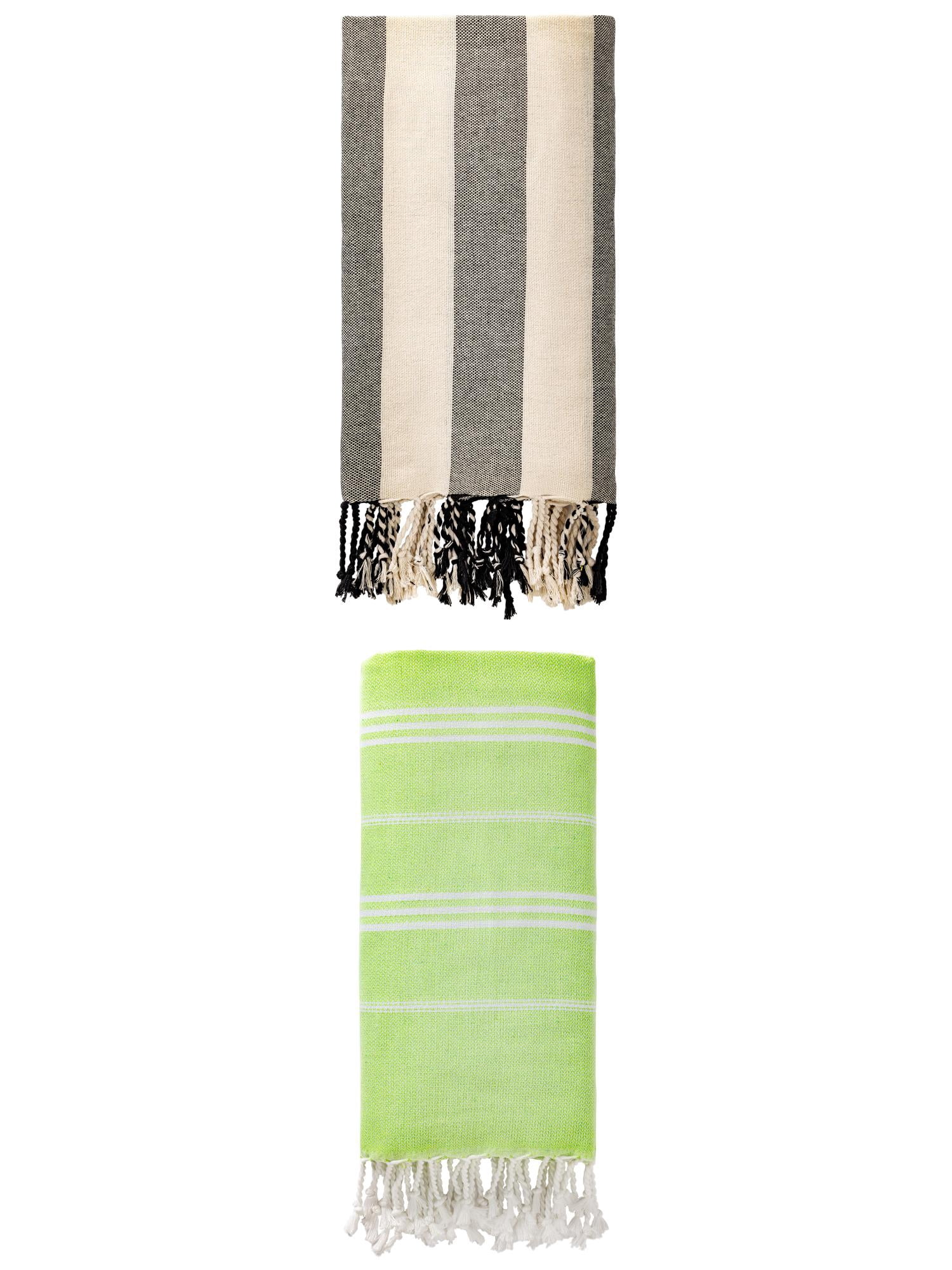 Unique Bargains 2 Pack Stripe Turkish Beach Towel Light Green/Black 71" x 35"/71" x 40"