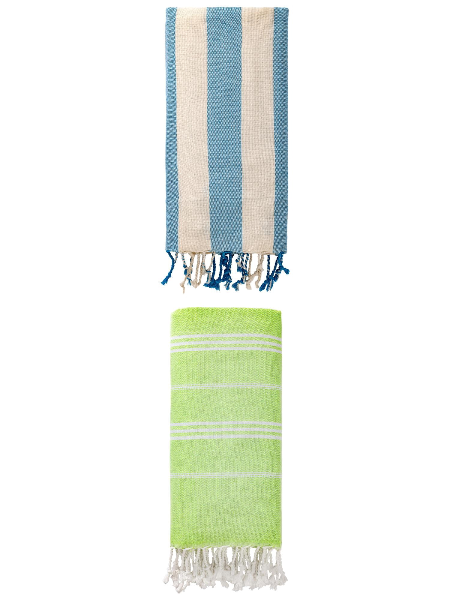 Unique Bargains 2 Pack Stripe Turkish Beach Towel Light Green/Blue 71" x 35"/71" x 40"