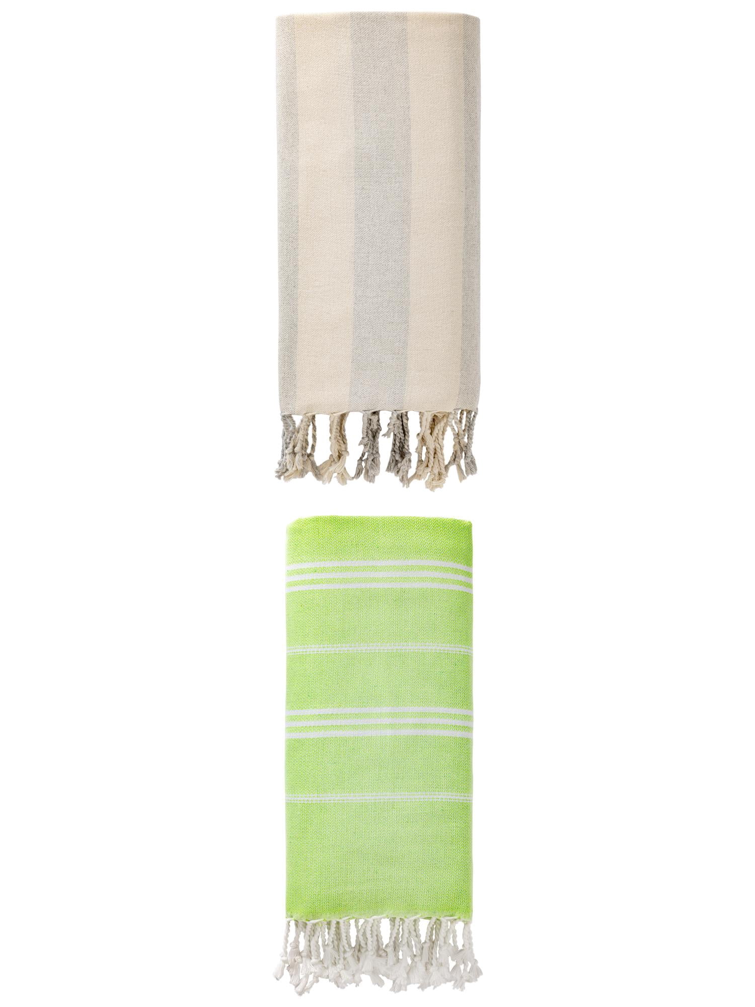 Unique Bargains 2 Pack Stripe Turkish Beach Towel Light Green/Grey 71" x 35"/71" x 40"