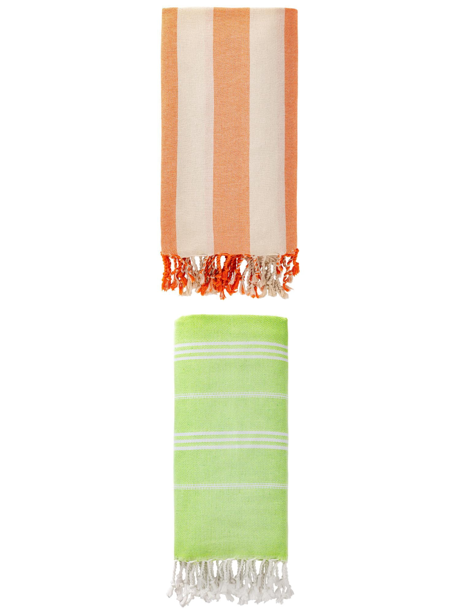 Unique Bargains 2 Pack Stripe Turkish Beach Towel Light Green/Orange 71" x 35"/71" x 40"