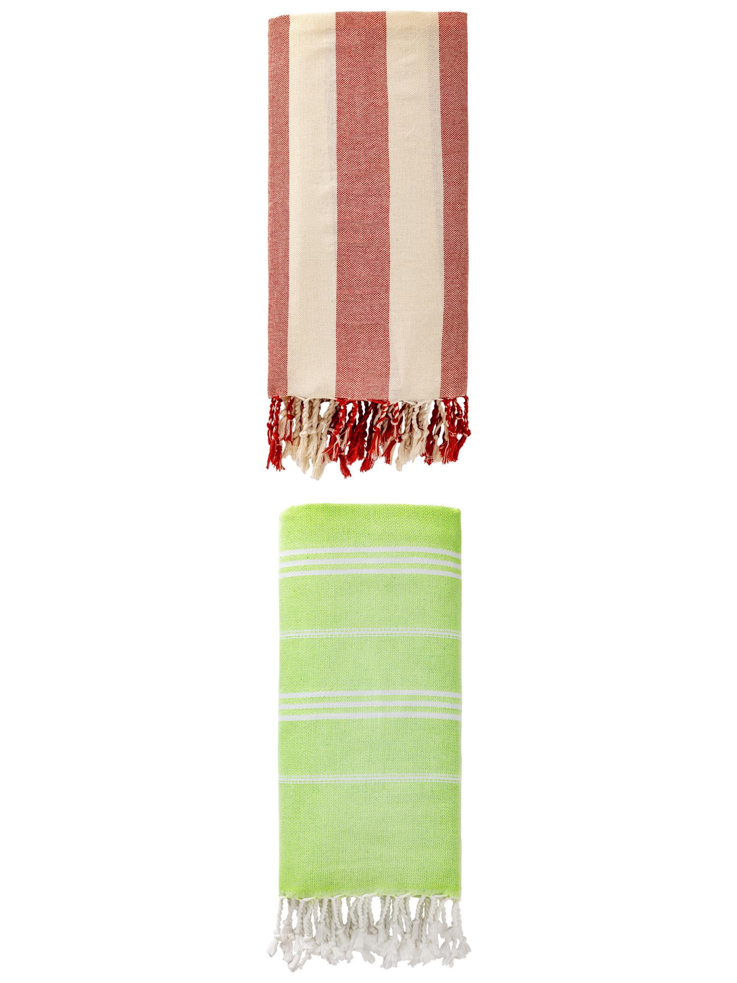 Unique Bargains 2 Pack Stripe Turkish Beach Towel Light Green/Red 71" x 35"/71" x 40"