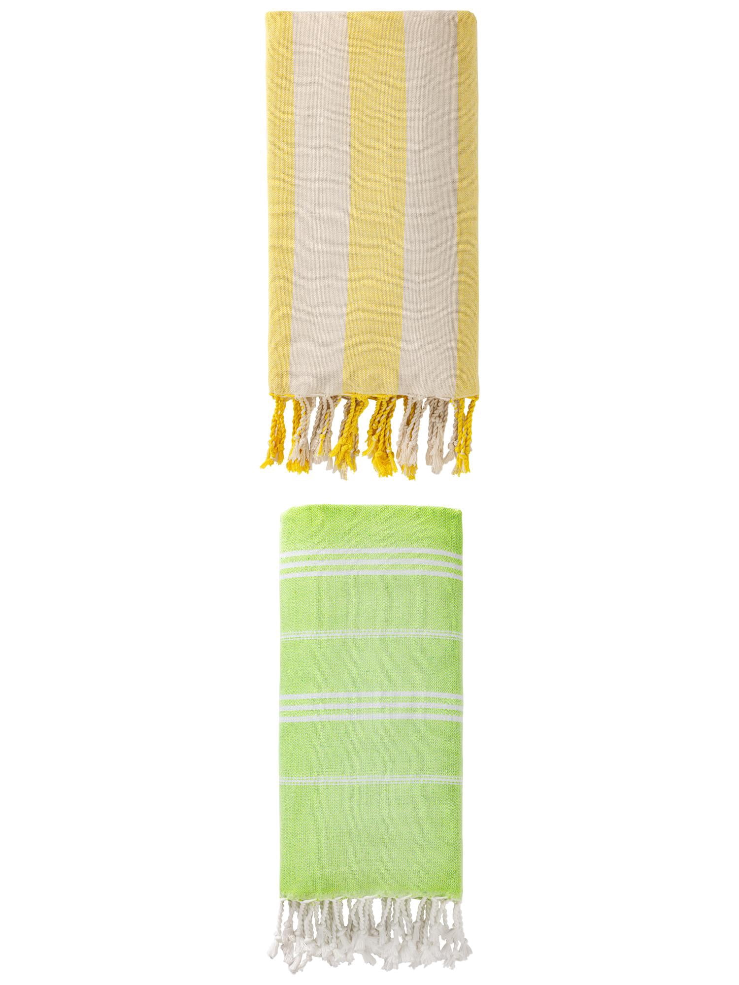 Unique Bargains 2 Pack Stripe Turkish Beach Towel Light Green/Yellow 71" x 35"/71" x 40"