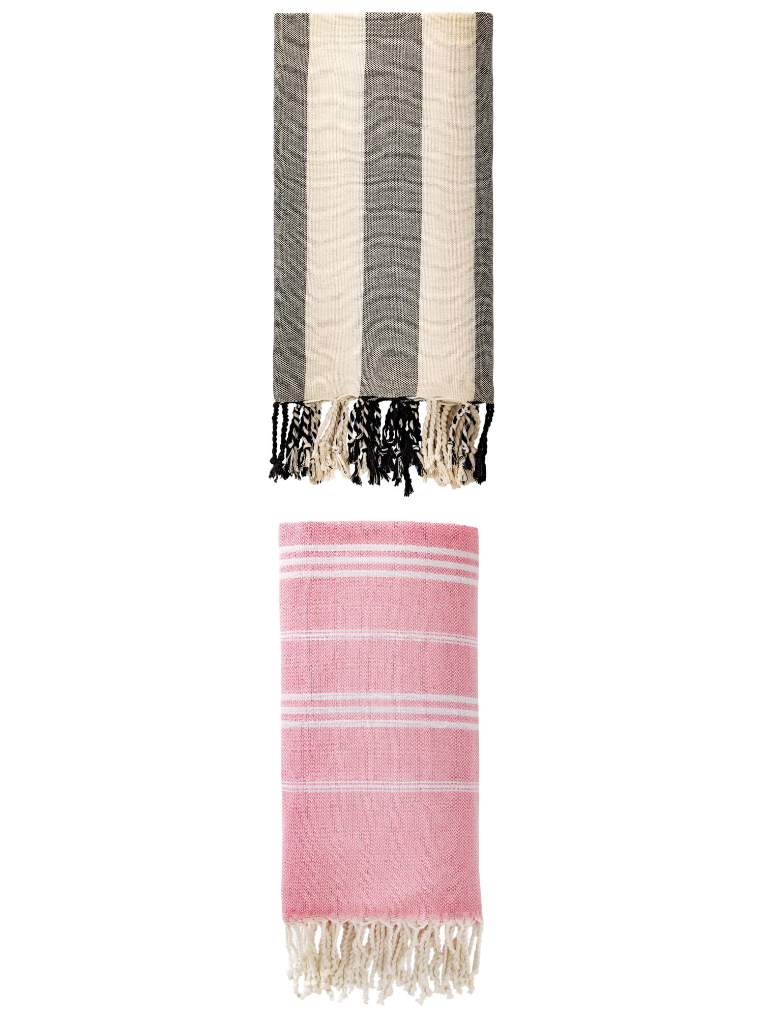 Unique Bargains 2 Pack Stripe Turkish Beach Towel Pink/Black 71" x 35"/71" x 40"