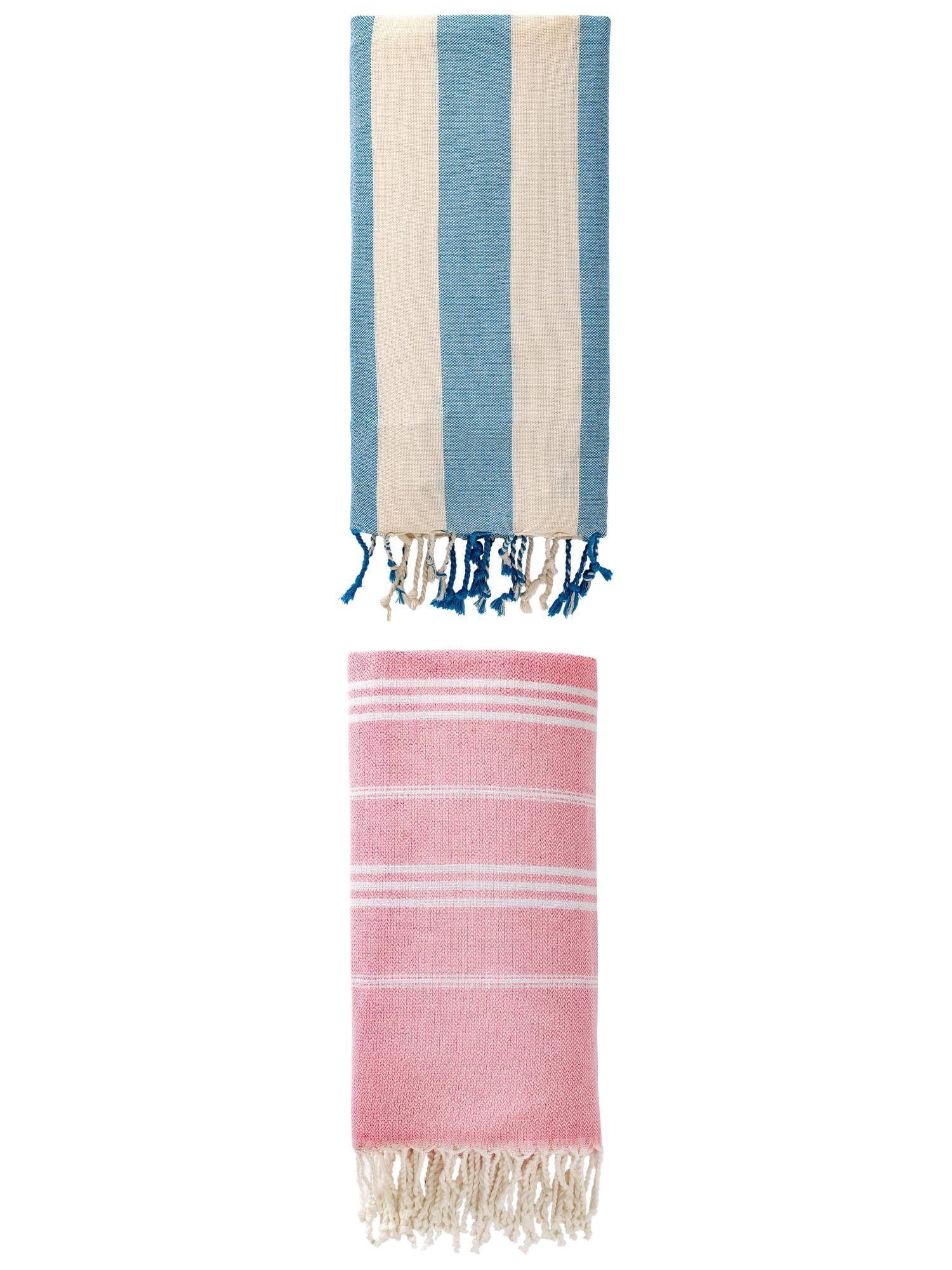 Unique Bargains 2 Pack Stripe Turkish Beach Towel Pink/Blue 71" x 35"/71" x 40"