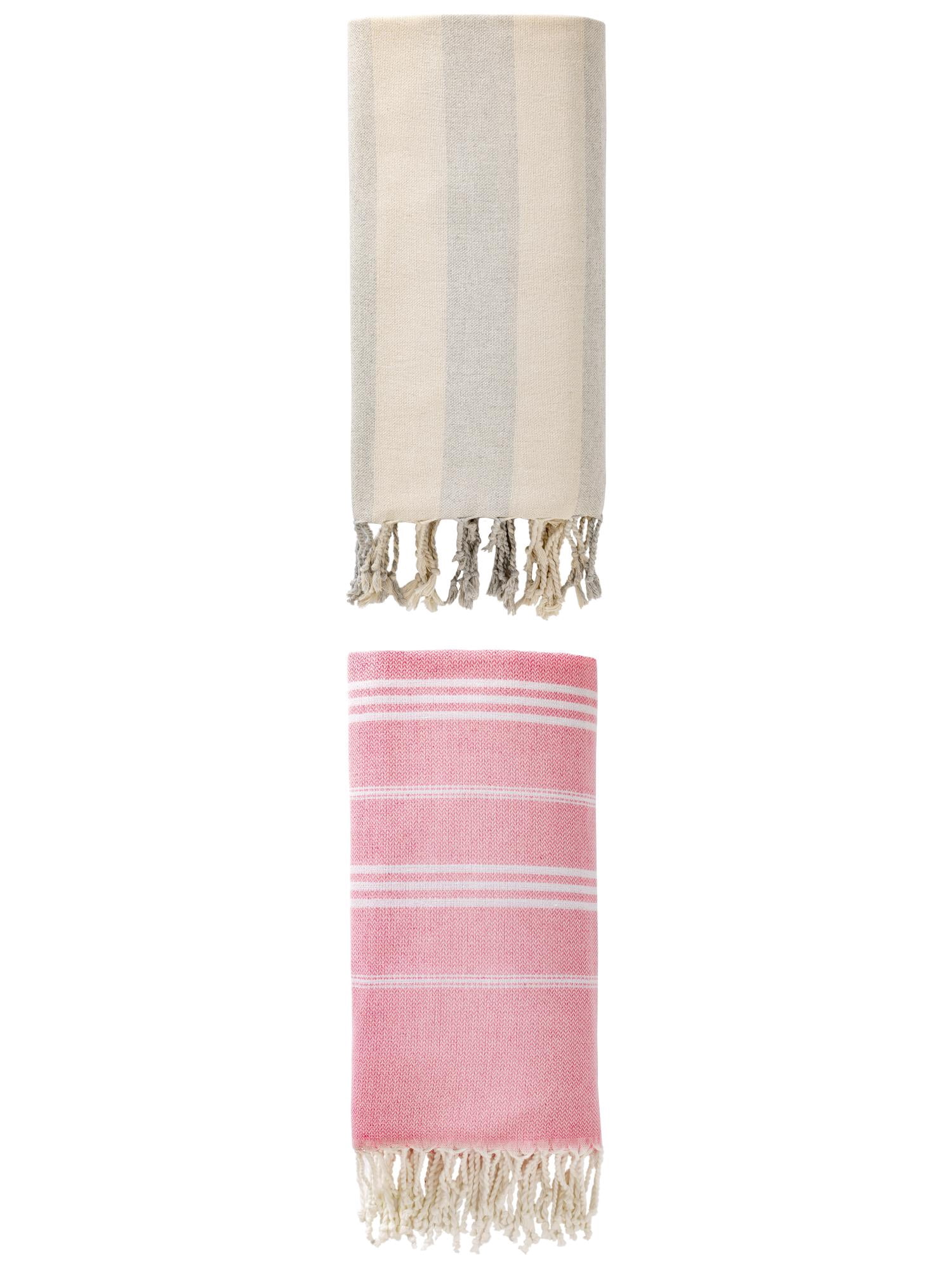Unique Bargains 2 Pack Stripe Turkish Beach Towel Pink/Grey 71" x 35"/71" x 40"