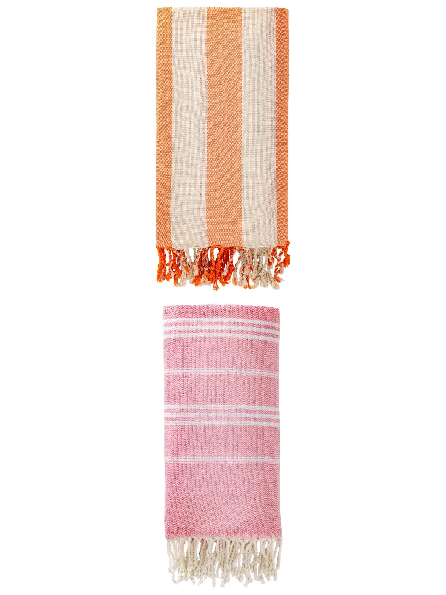 Unique Bargains 2 Pack Stripe Turkish Beach Towel Pink/Orange 71" x 35"/71" x 40"