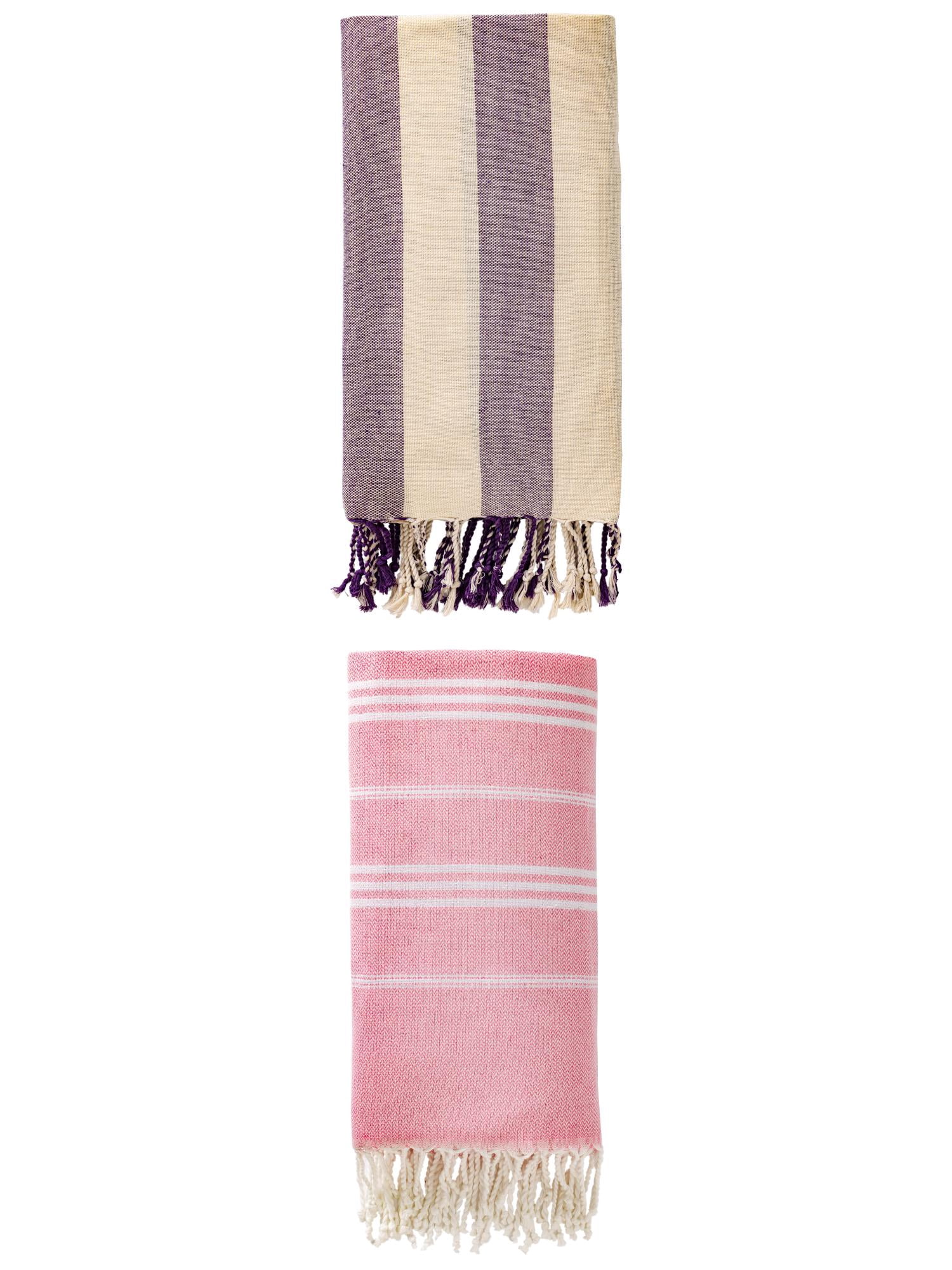 Unique Bargains 2 Pack Stripe Turkish Beach Towel Pink/Purple 71" x 35"/71" x 40"