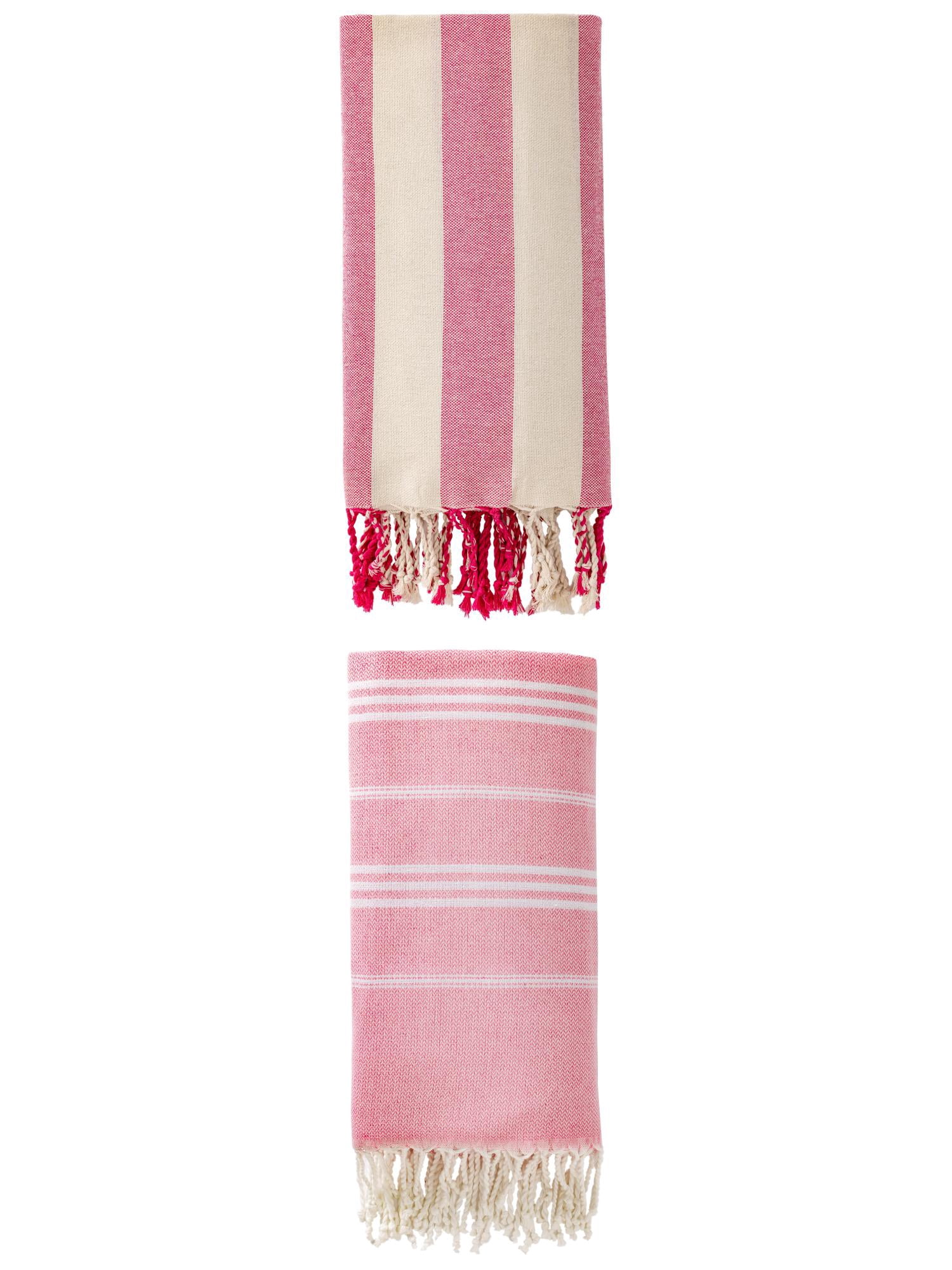 Unique Bargains 2 Pack Stripe Turkish Beach Towel Pink/Rose Red 71" x 35"/71" x 40"