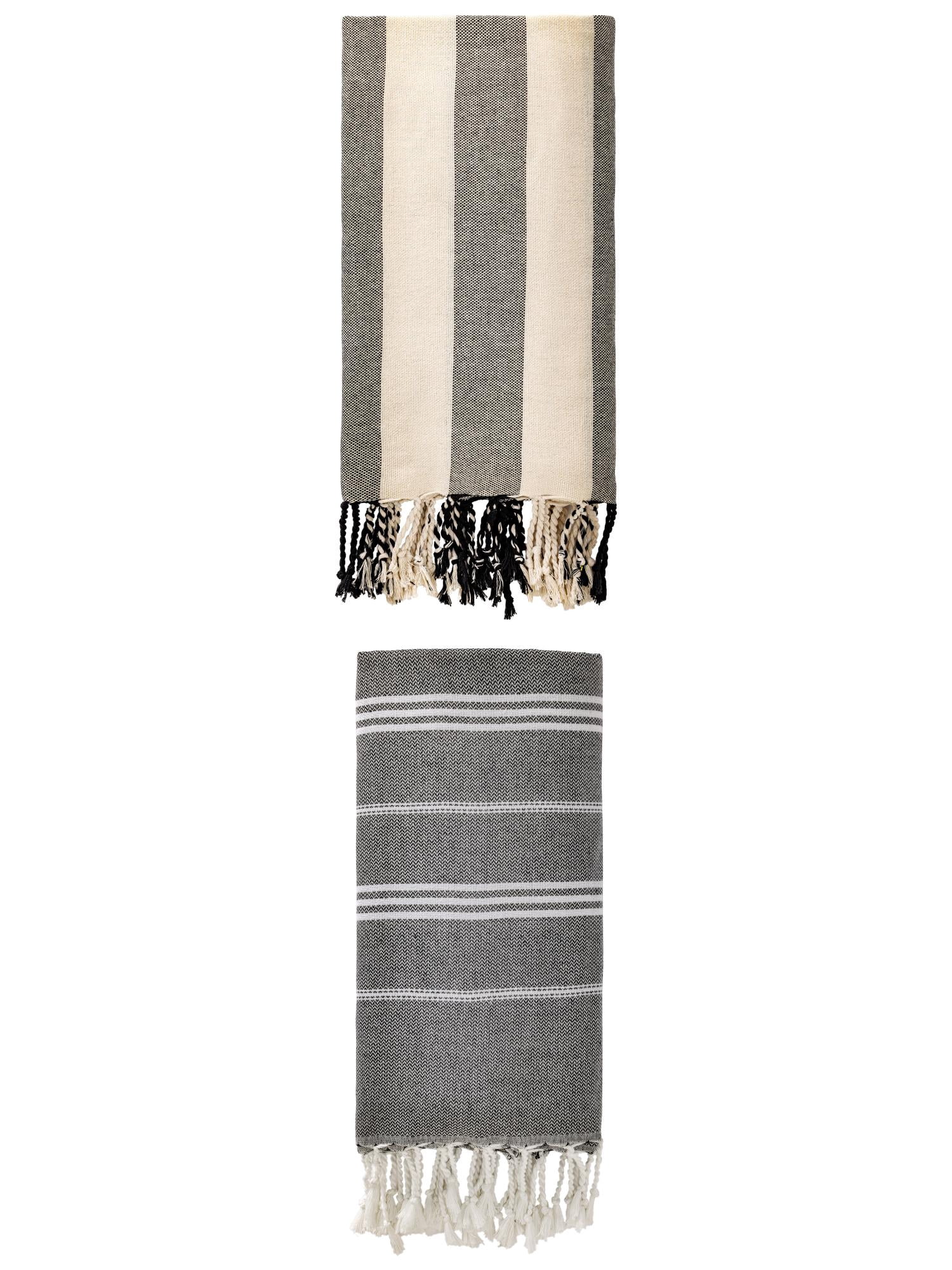 Unique Bargains 2 Pack Stripe Turkish Sand Proof Beach Towel Black 71"x 35"/71"x 40"