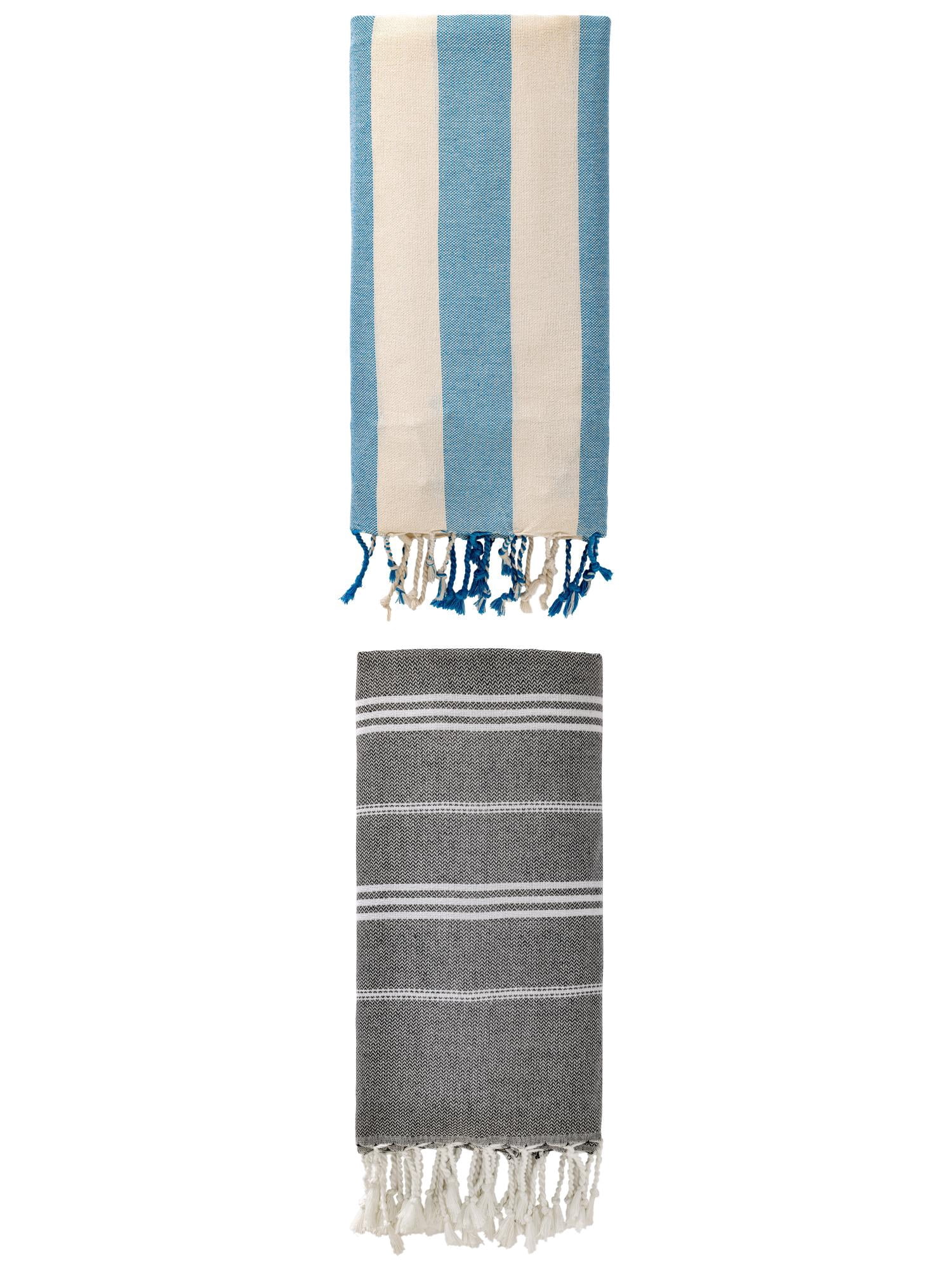 Unique Bargains 2 Pack Stripe Turkish Sand Proof Beach Towel Black/Blue 71"x 35"/71"x 40"