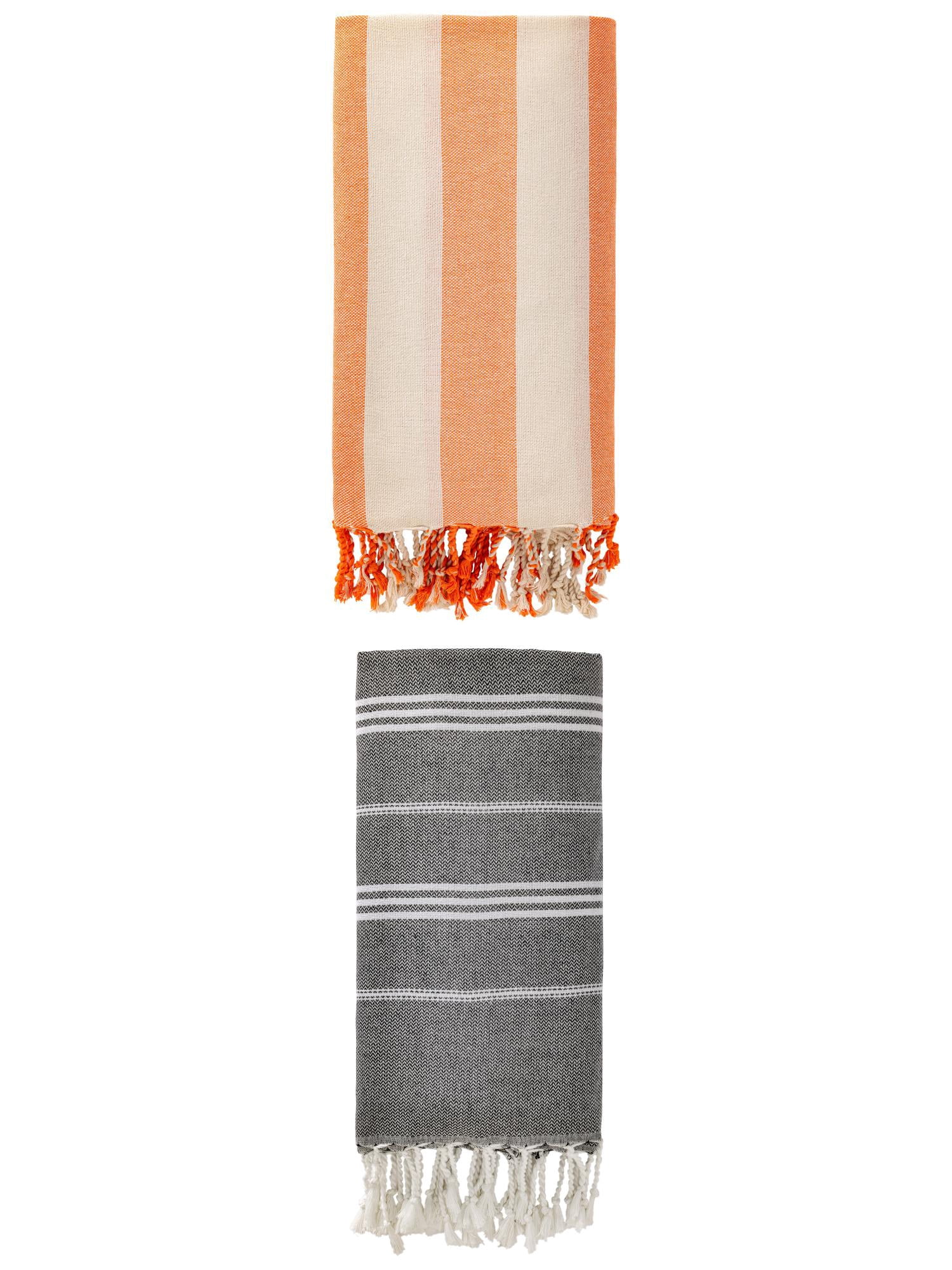 Unique Bargains 2 Pack Stripe Turkish Sand Proof Beach Towel Black/Orange 71"x 35"/71"x40"