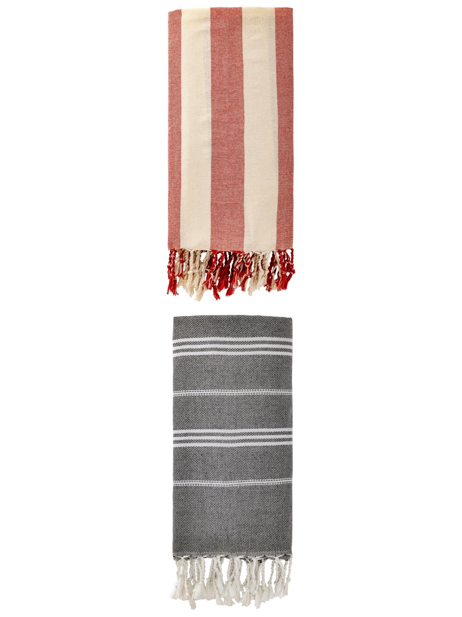 Unique Bargains 2 Pack Stripe Turkish Sand Proof Beach Towel Black/Red 71"x 35"/71"x 40"