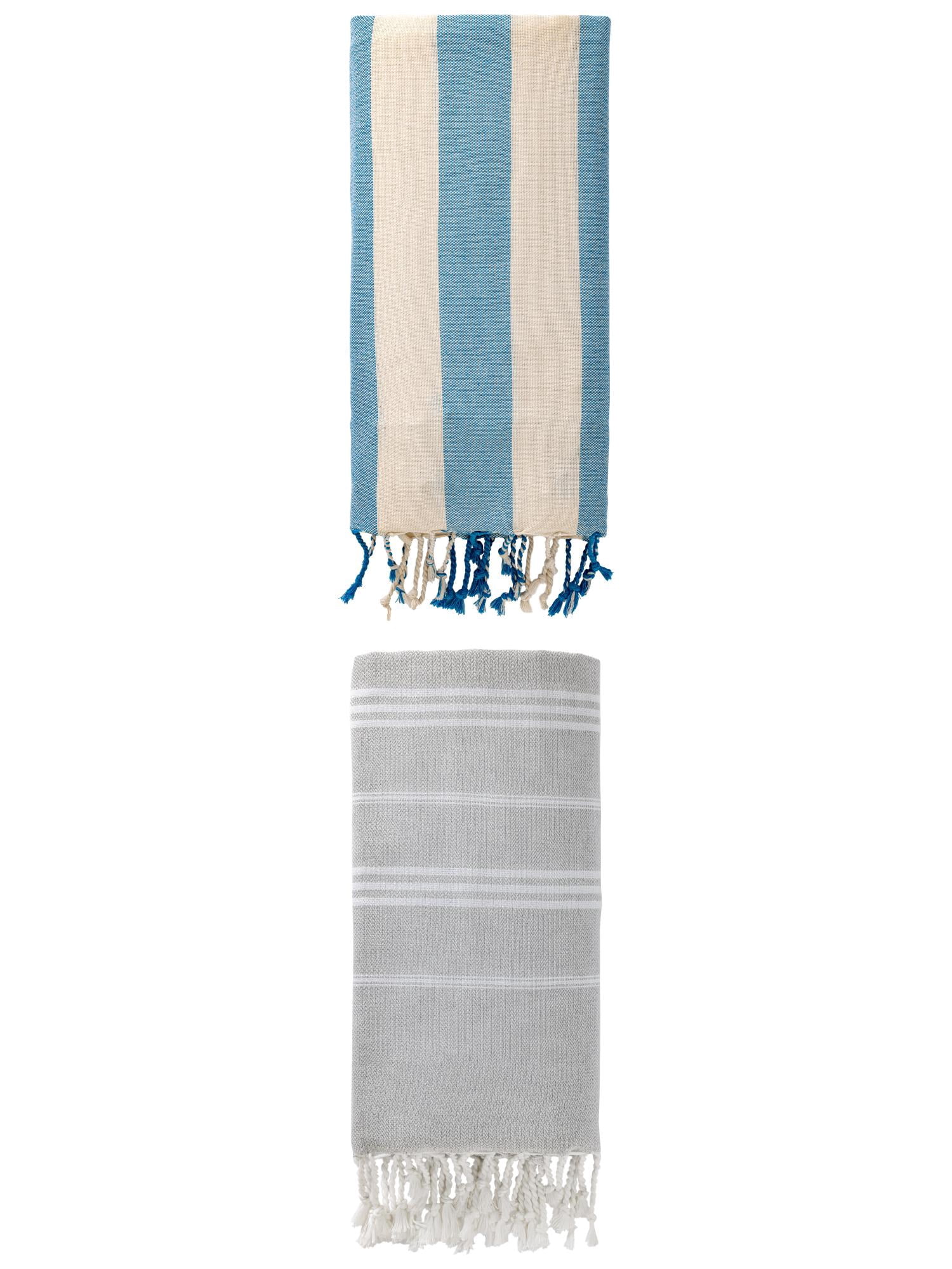 Unique Bargains 2 Pack Stripe Turkish Sand Proof Beach Towel Grey/Blue 71"x 35"/71" x 40"