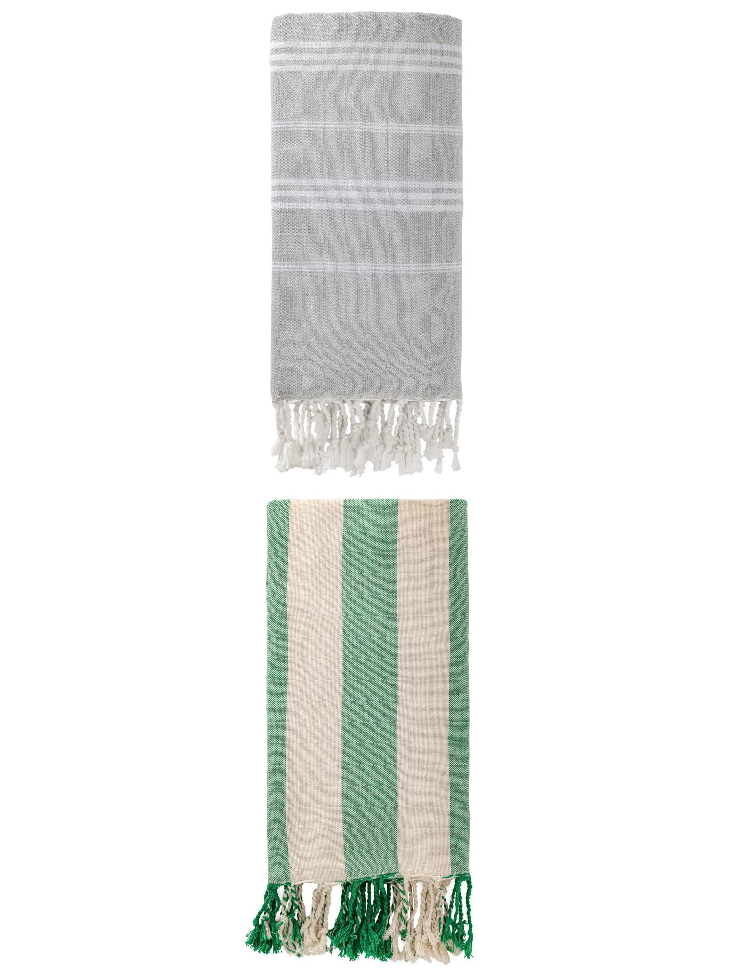 Unique Bargains 2 Pack Stripe Turkish Sand Proof Beach Towel Grey/Green 71"x 35"/71" x 40"
